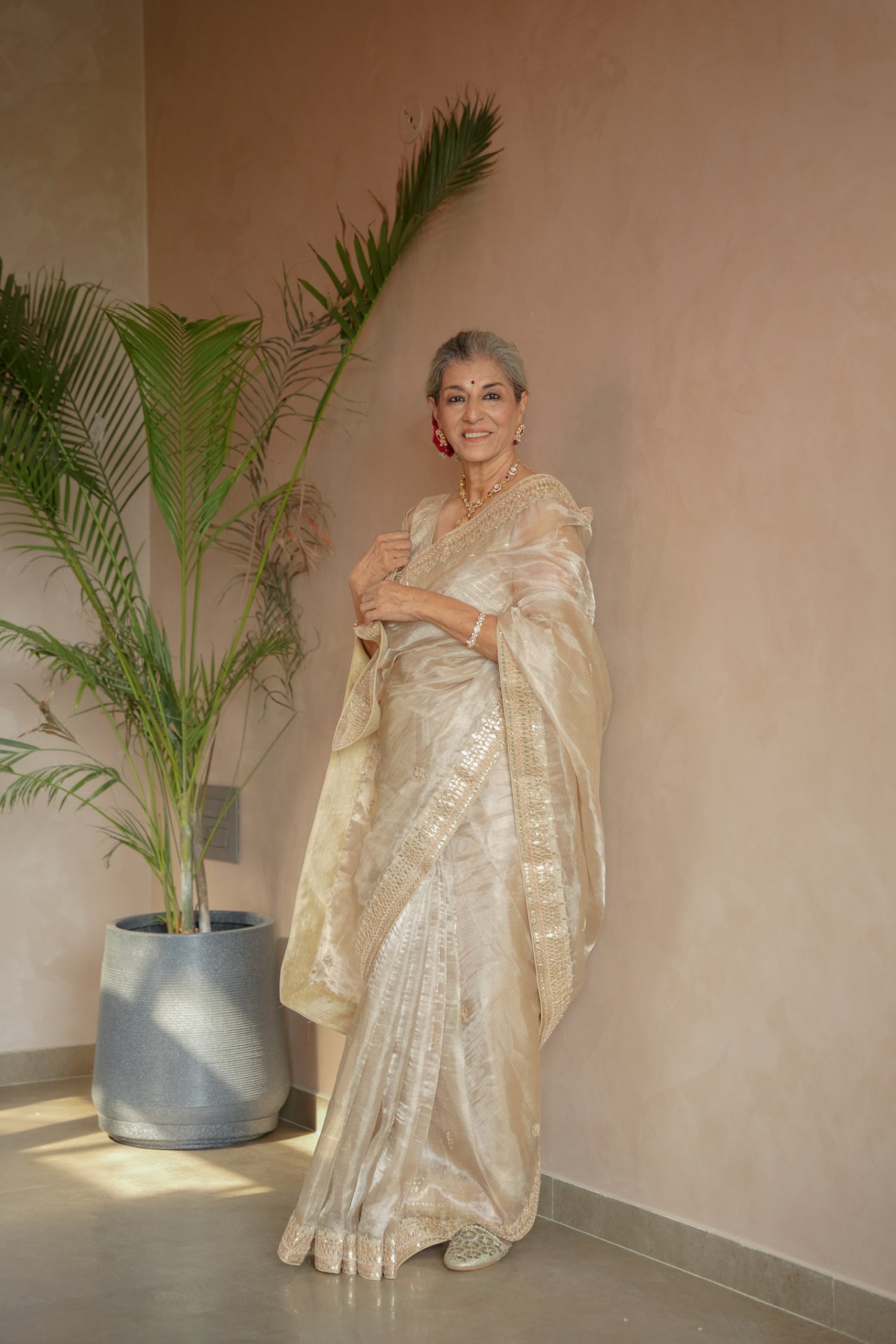 Tissue Saree Embroidered with Dori, Gota Patti and Pearl work