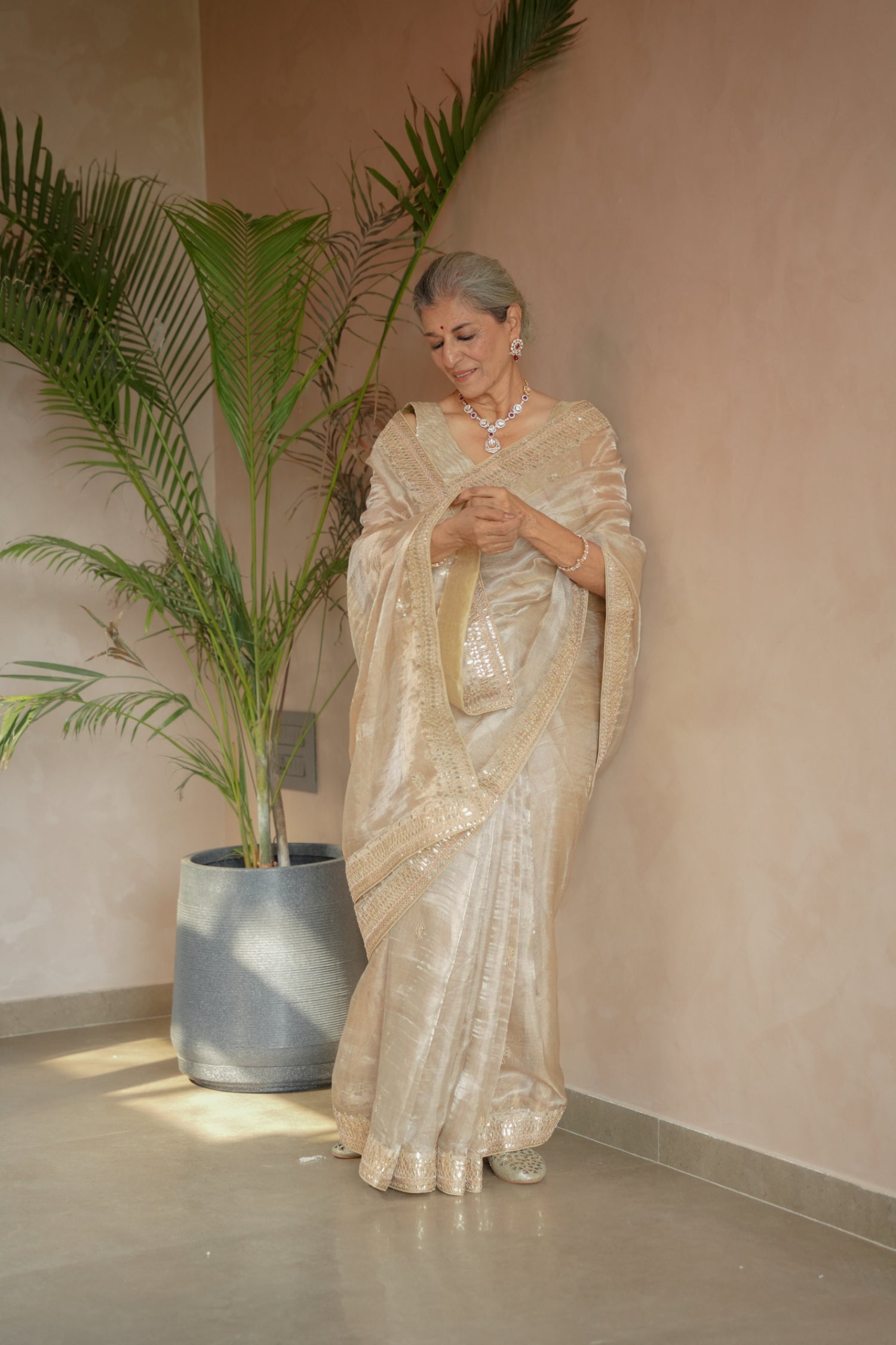 Tissue Saree Embroidered with Dori, Gota Patti and Pearl work