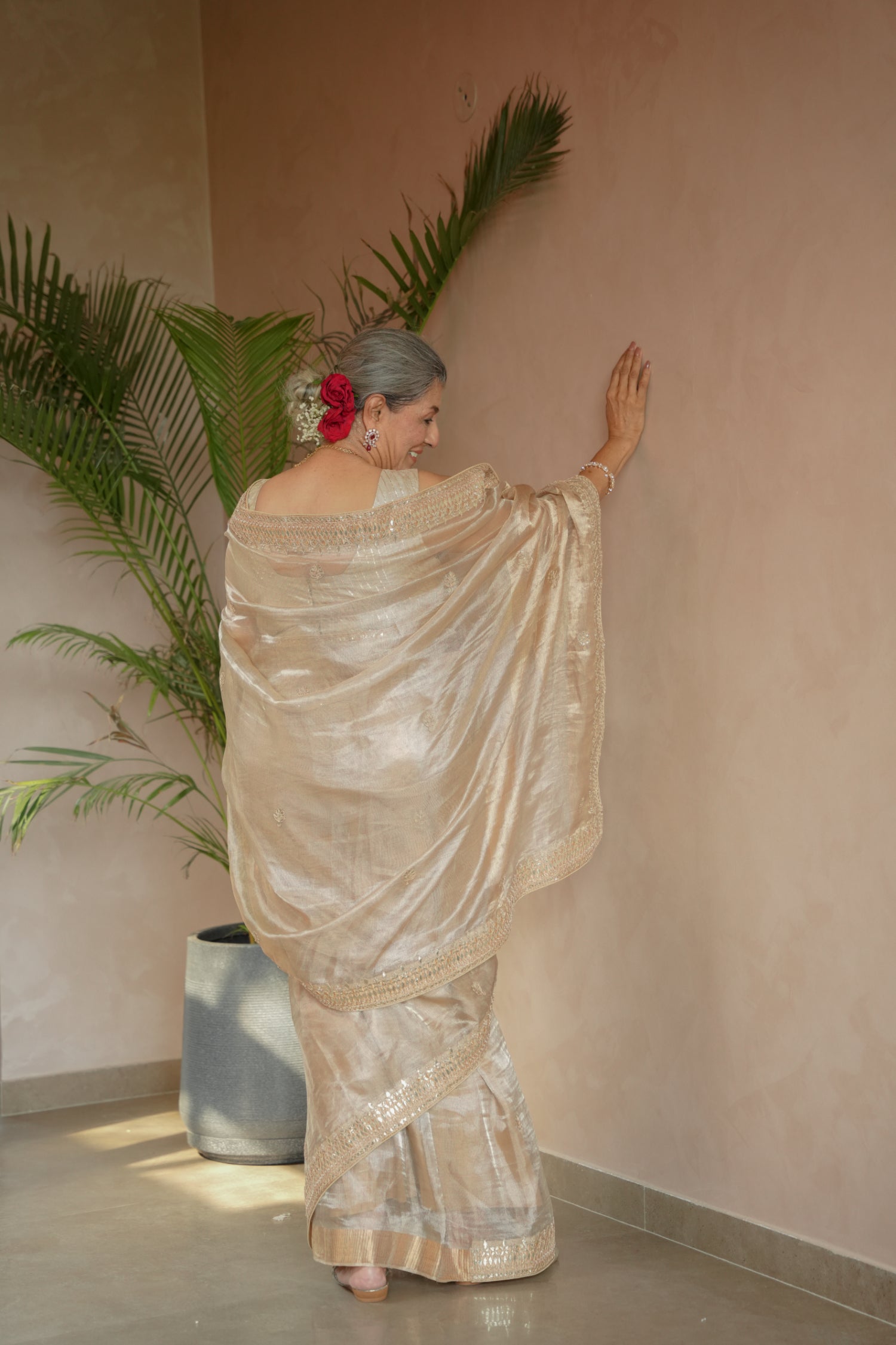 Tissue Saree Embroidered with Dori, Gota Patti and Pearl work