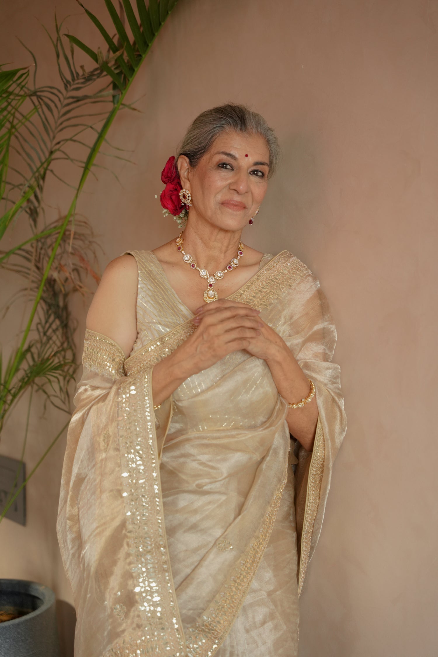 Tissue Saree Embroidered with Dori, Gota Patti and Pearl work