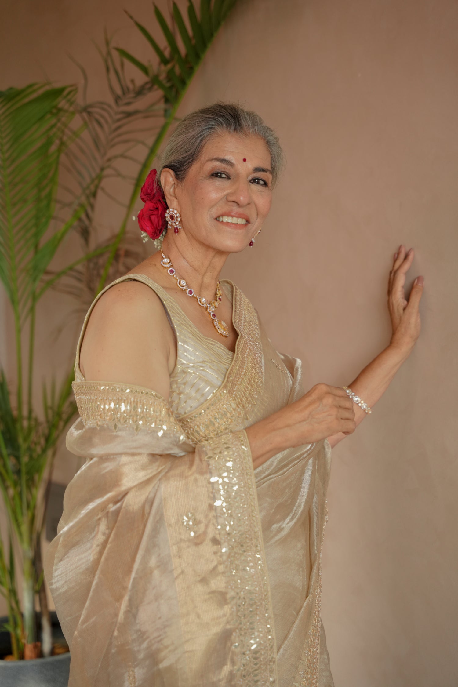 Tissue Saree Embroidered with Dori, Gota Patti and Pearl work