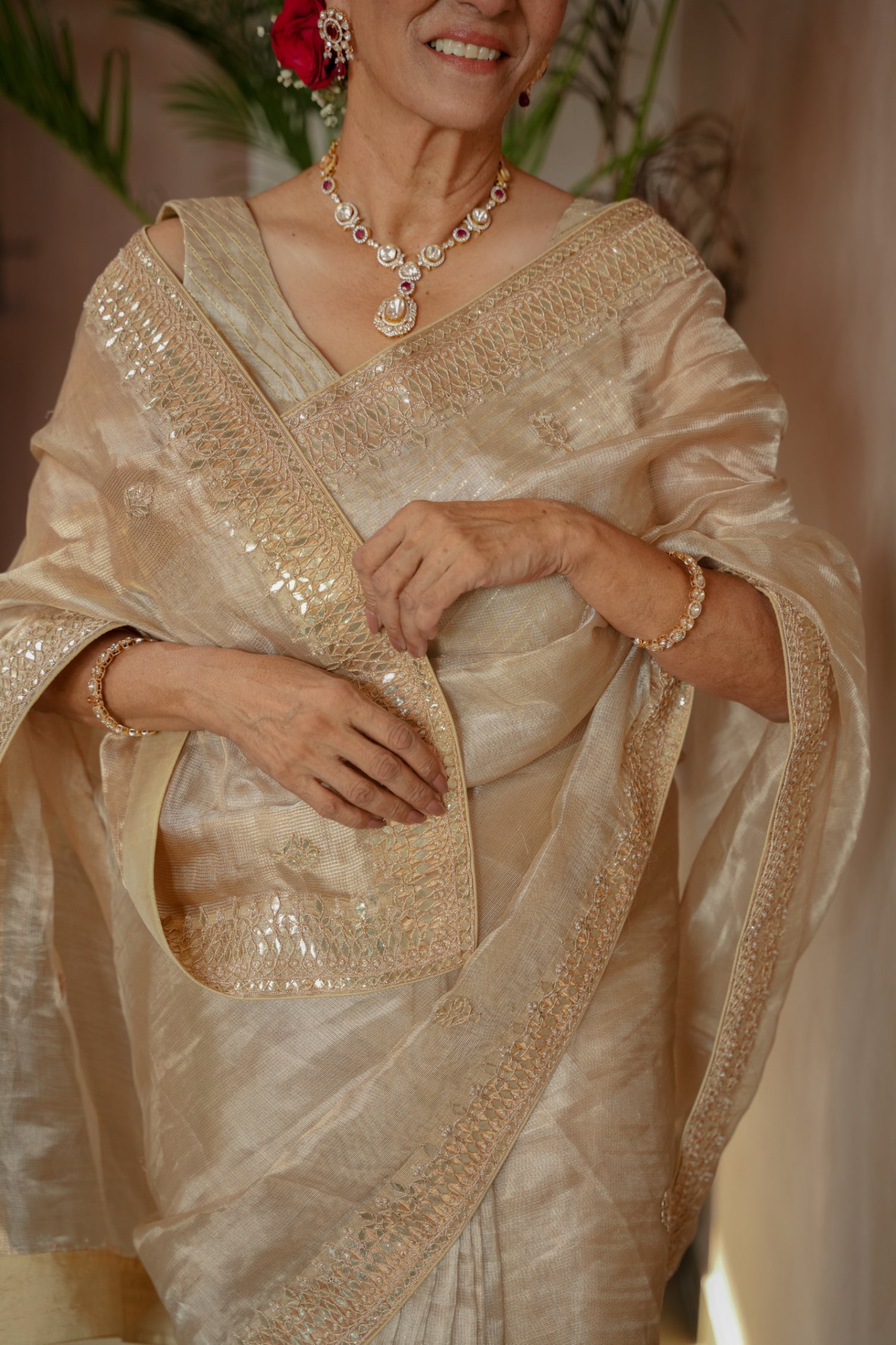 Tissue Saree Embroidered with Dori, Gota Patti and Pearl work