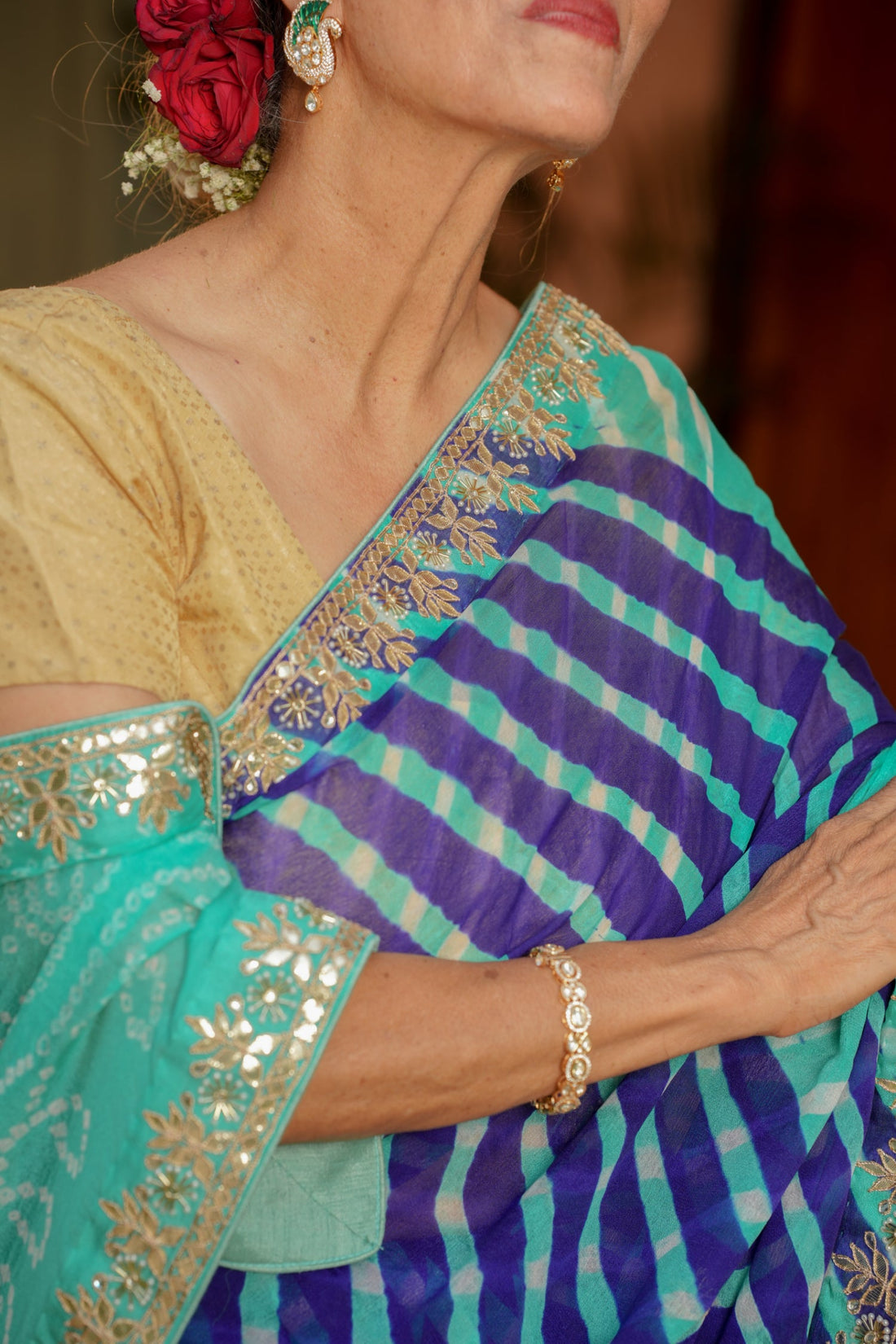 Leheriya Bandhej Georgette Saree with Dori, Gota Patti and Pearl work