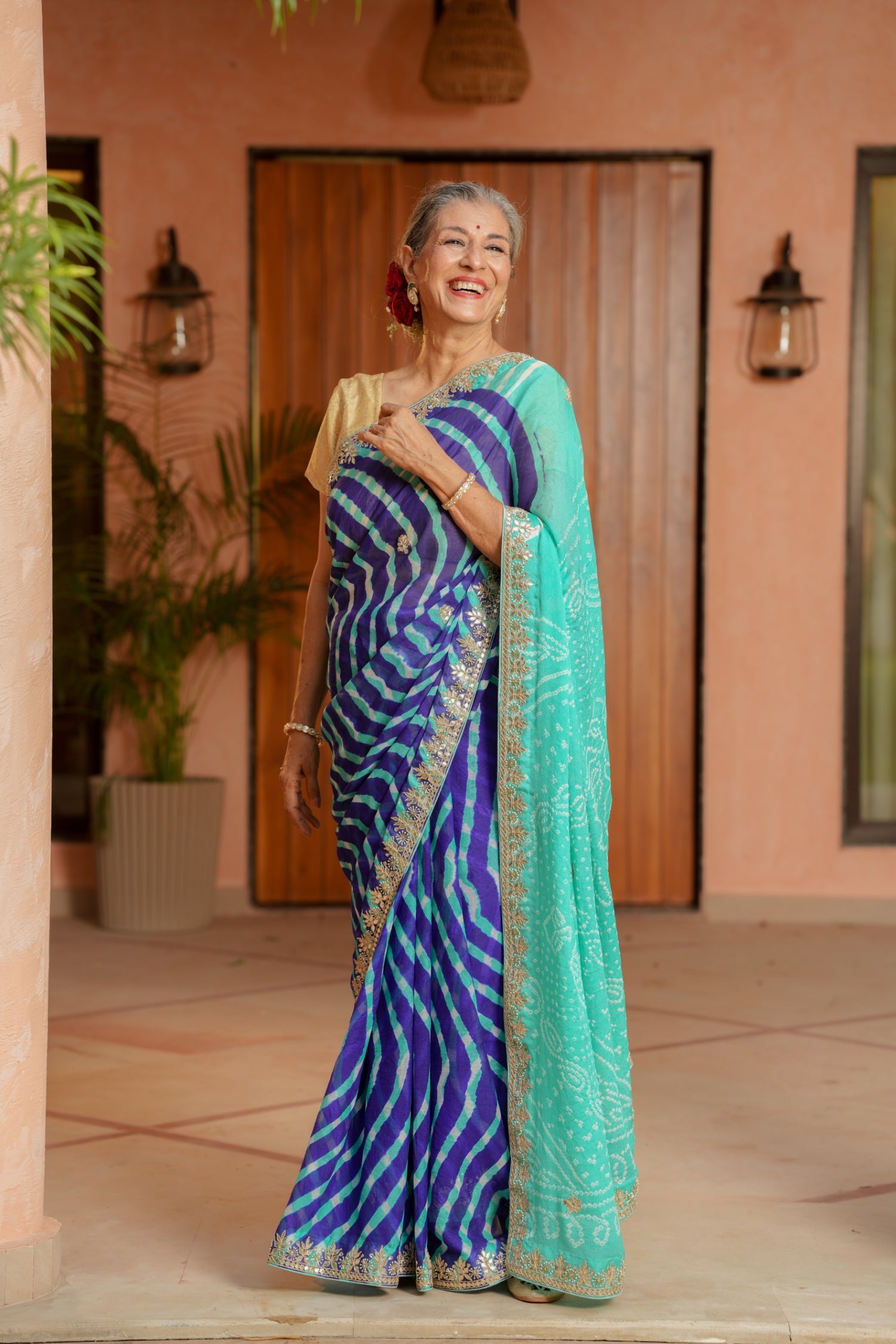 Leheriya Bandhej Georgette Saree with Dori, Gota Patti and Pearl work