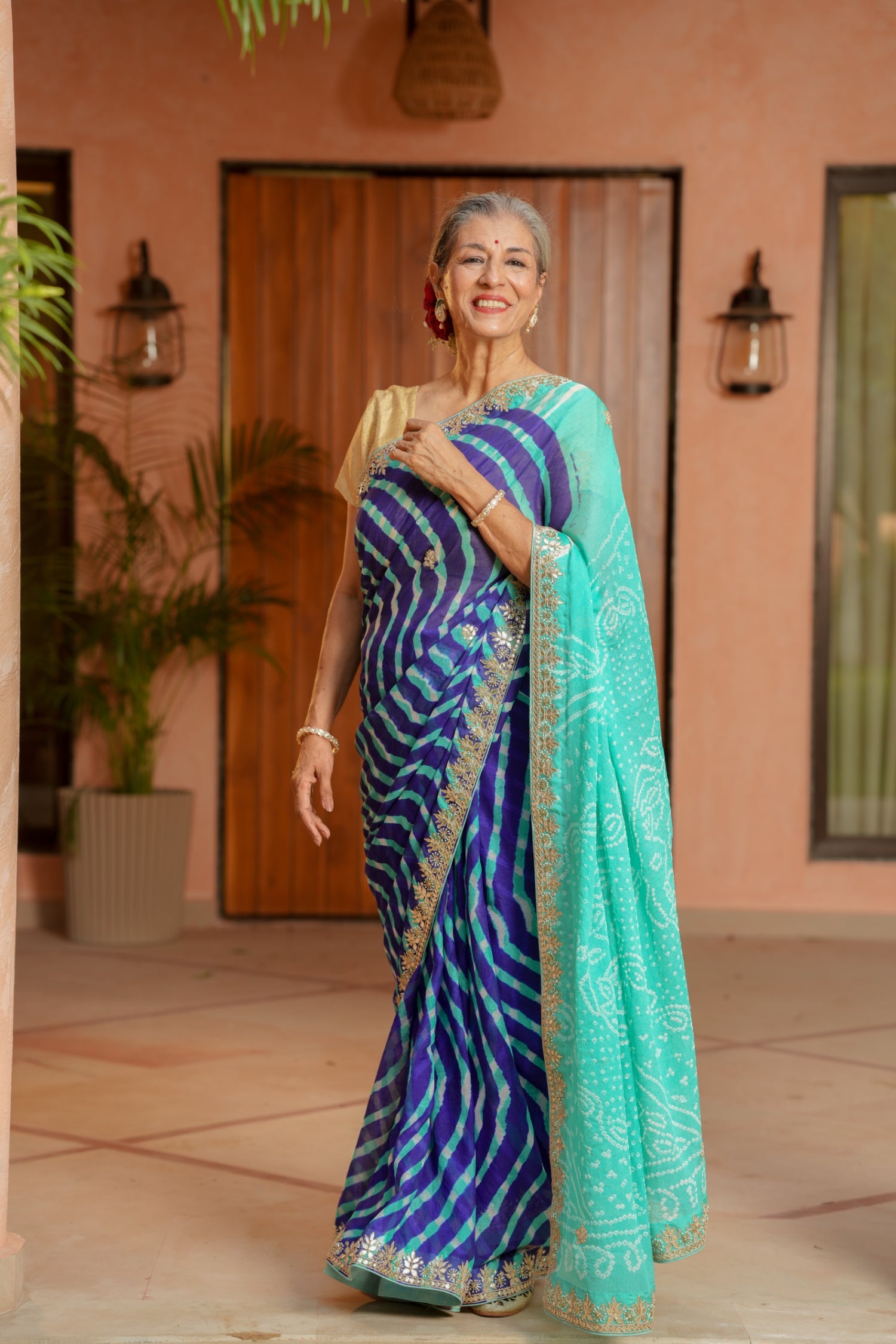 Leheriya Bandhej Georgette Saree with Dori, Gota Patti and Pearl work