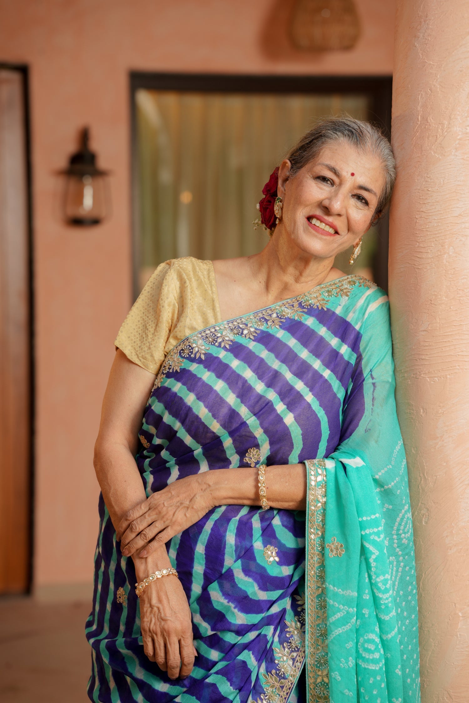 Leheriya Bandhej Georgette Saree with Dori, Gota Patti and Pearl work