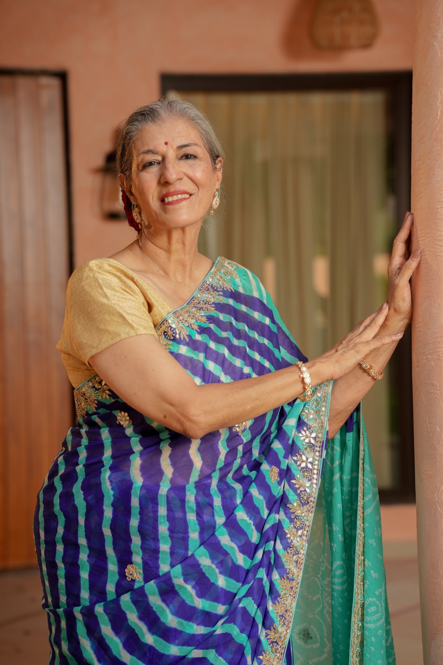 Leheriya Bandhej Georgette Saree with Dori, Gota Patti and Pearl work