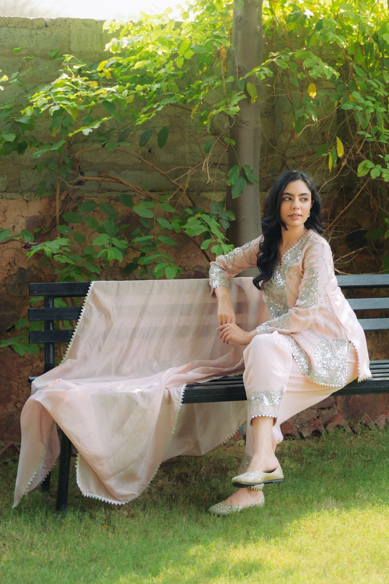 Shimmer tissue Suit with Mirror, Sequins, Thread work.