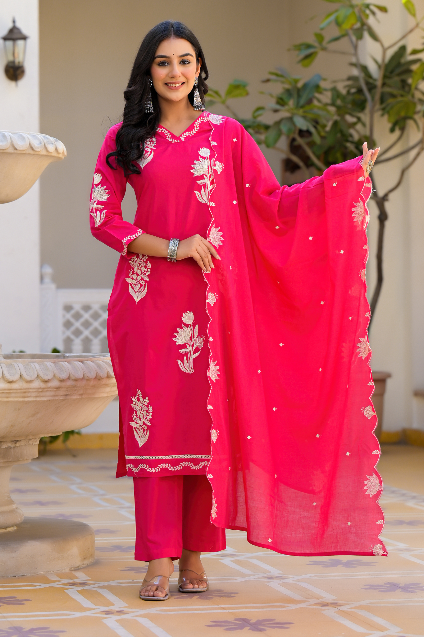 Silk Blend Kurta Stitched Set (3Pc) with Thread Work