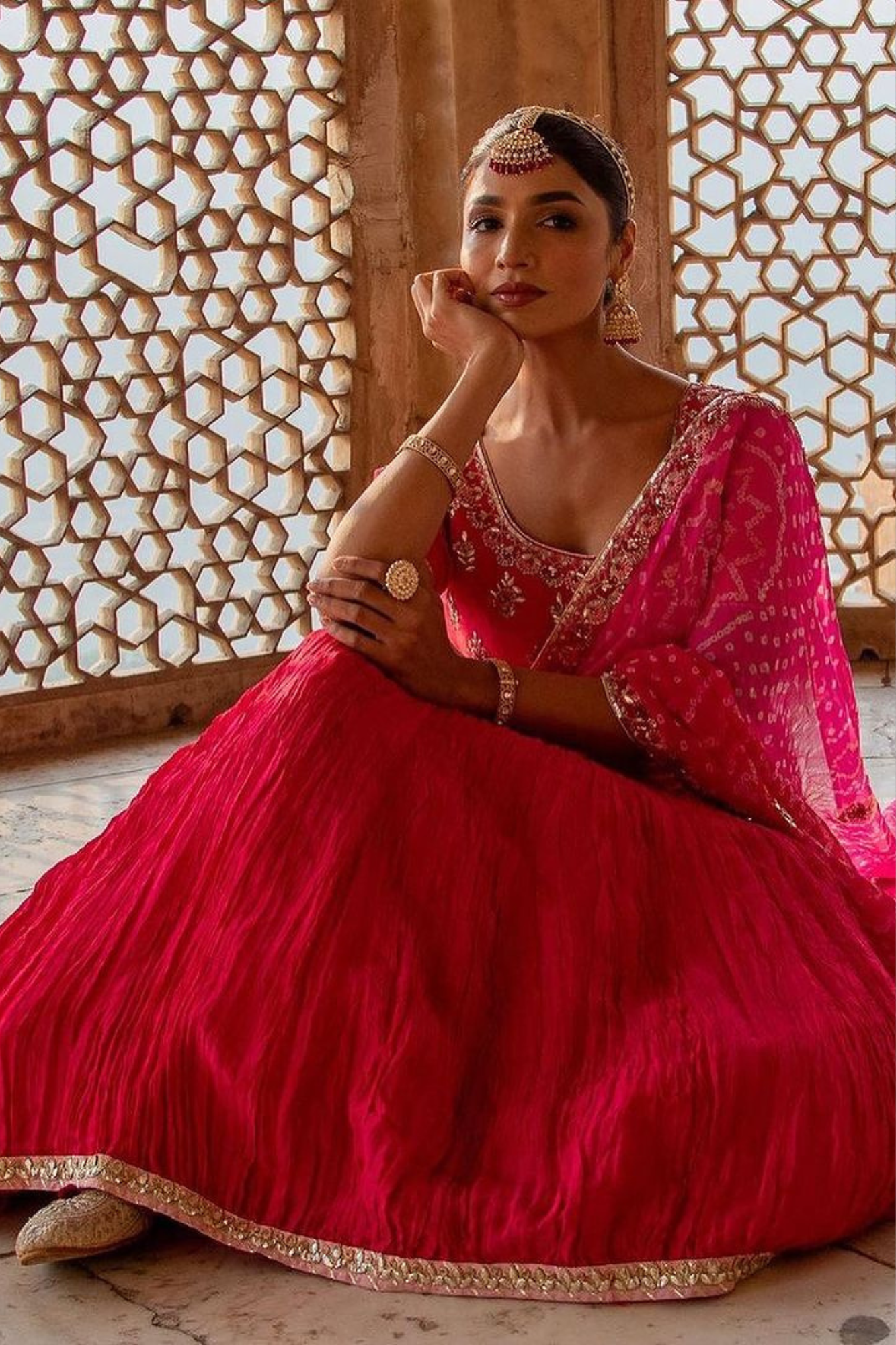 Embroidered Bandhej Lehenga with Gota Patti and Zardozi work