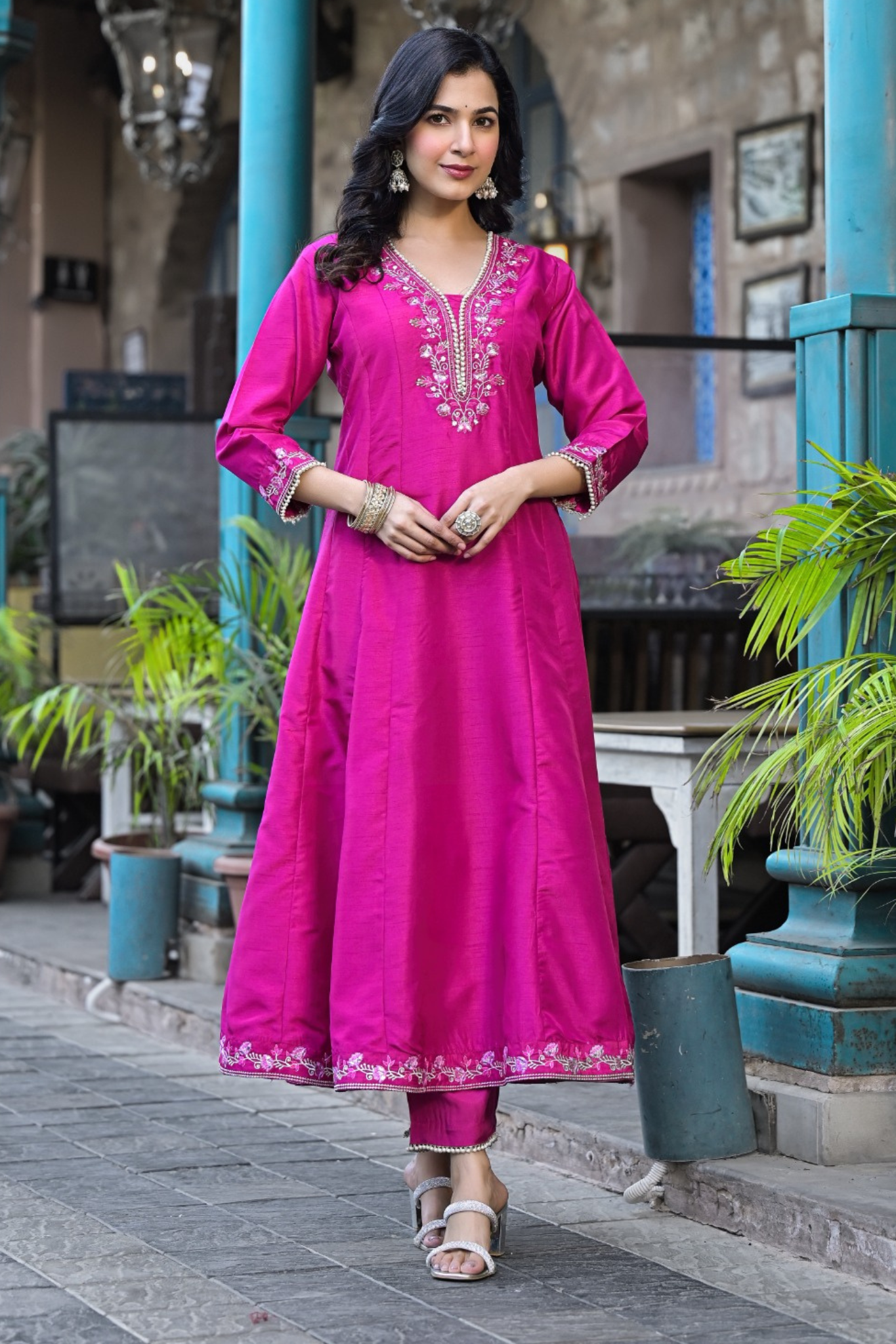 Silk Anarkali Kurta Set with Pearl and Embroidered work