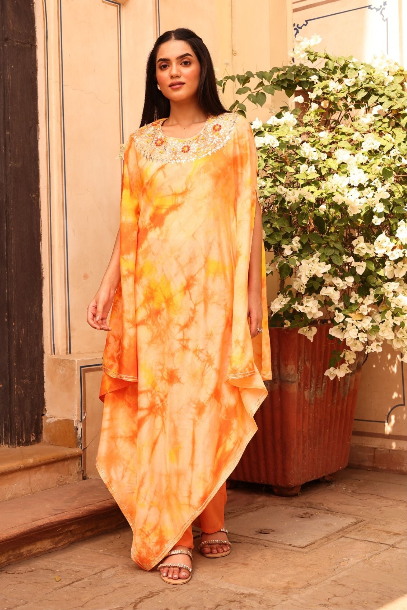 Tie & Dye Muslin Gota Patti Suit Stitched with Flared Sleeves