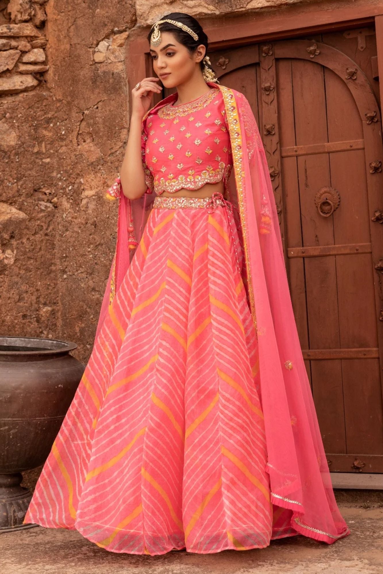 Leheriya Organza Lehenga with Gota Patti work.