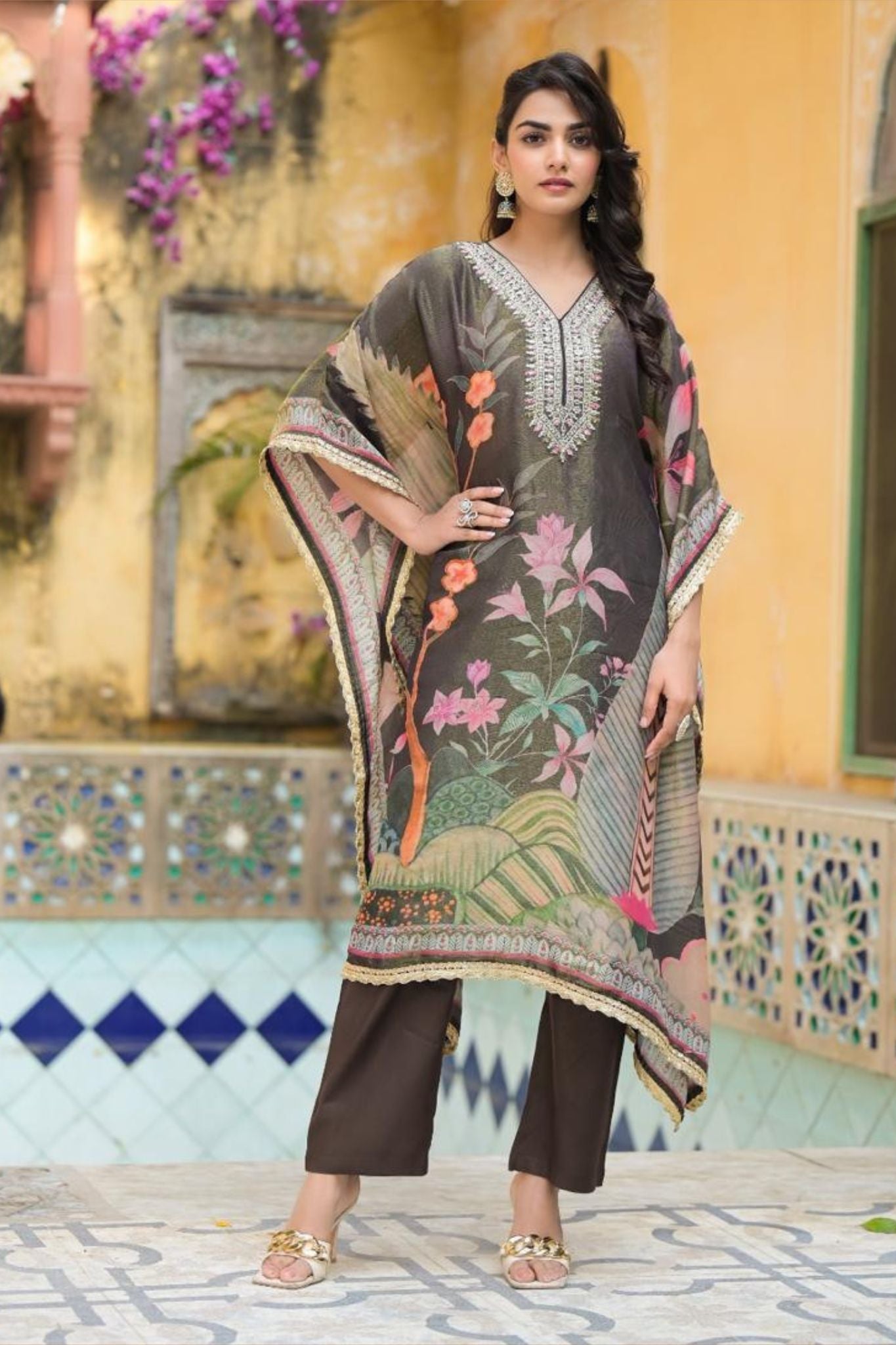 Printed Silk Blend Kaftan with Dori and Thread work