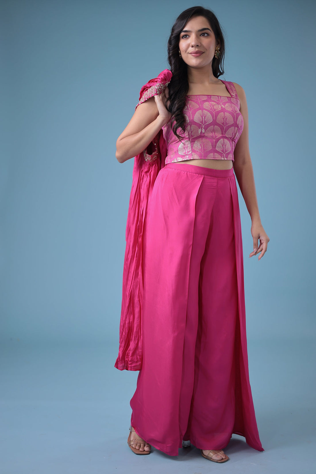 Exquisite Crop Top with Palazzo and a Draping Skirt Embellished with Zari and Dori work