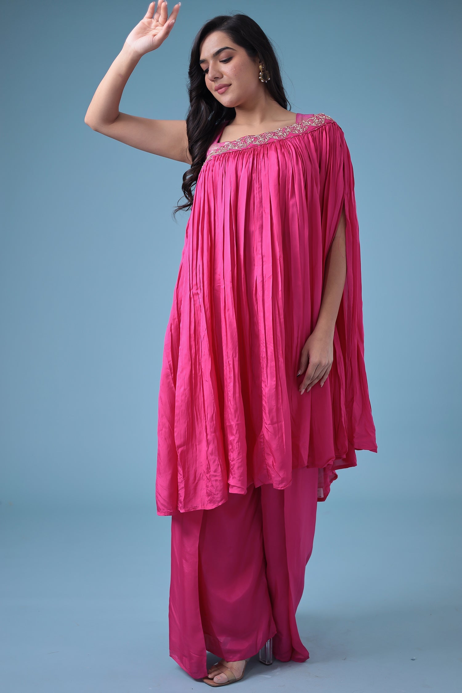 Exquisite Crop Top with Palazzo and a Draping Skirt Embellished with Zari and Dori work