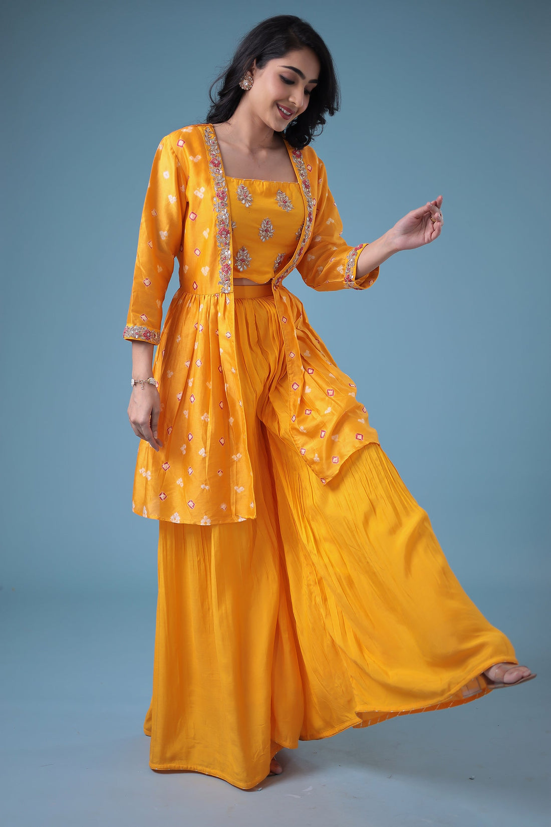 Bandhej Jacket Style Chanderi Indo Western with Gota Patti work.
