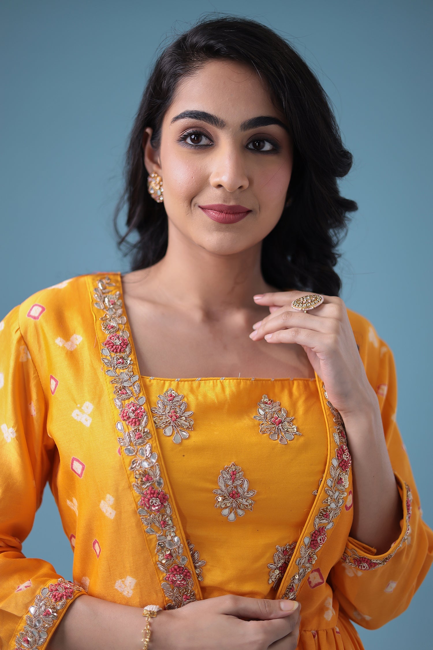 Bandhej Jacket Style Chanderi Indo Western with Gota Patti work.