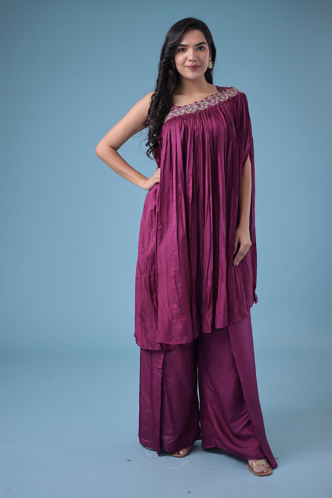 Exquisite Crop Top with Palazzo and a Draping Skirt Embellished with Zari and Dori work