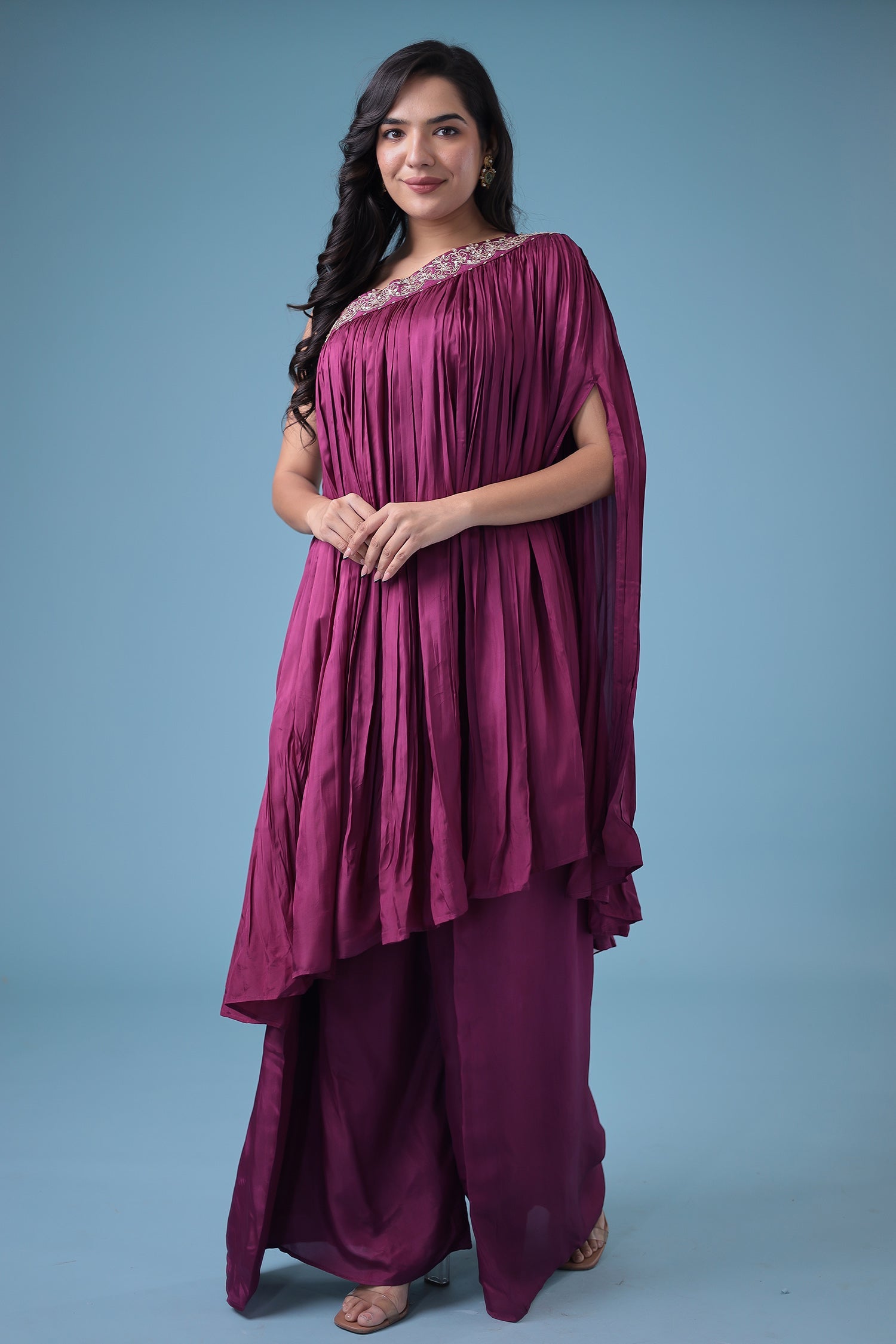 Exquisite Crop Top with Palazzo and a Draping Skirt Embellished with Zari and Dori work