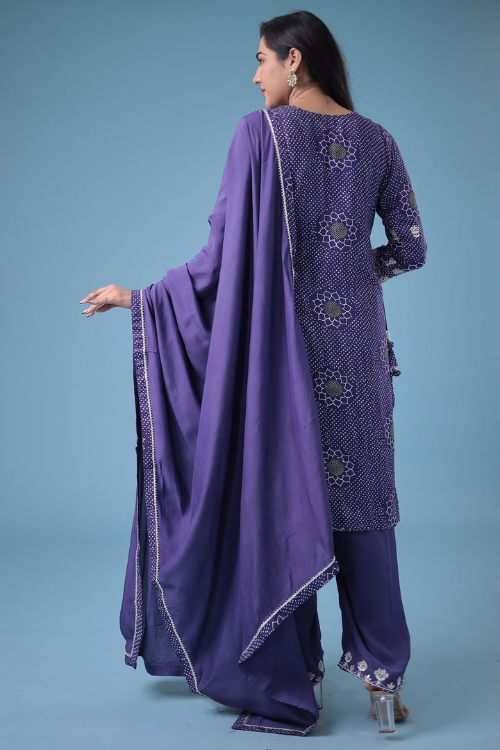 Embroidered Bandhej Satin Silk Suit with Gota Patti work.