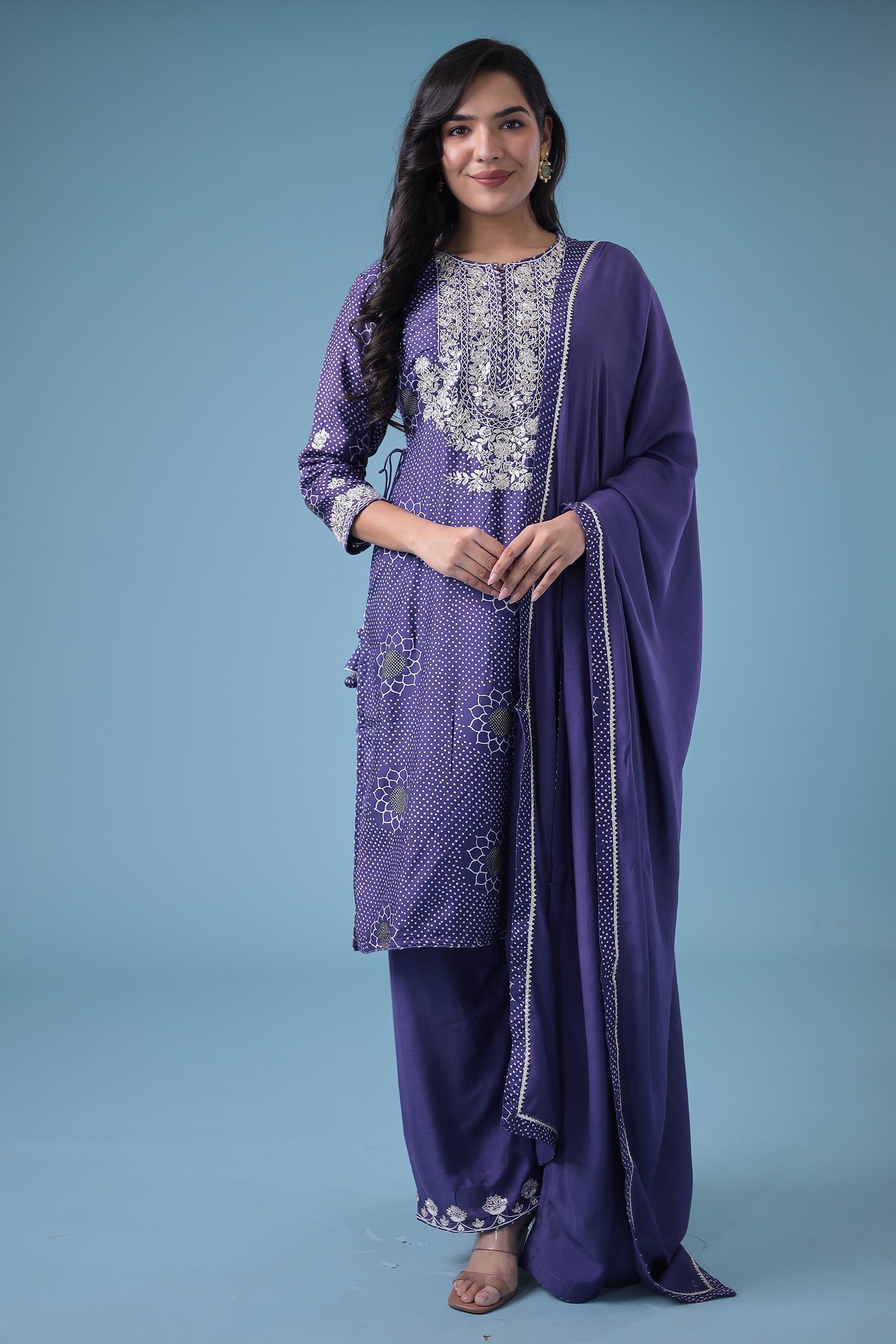 Embroidered Bandhej Satin Silk Suit with Gota Patti work.