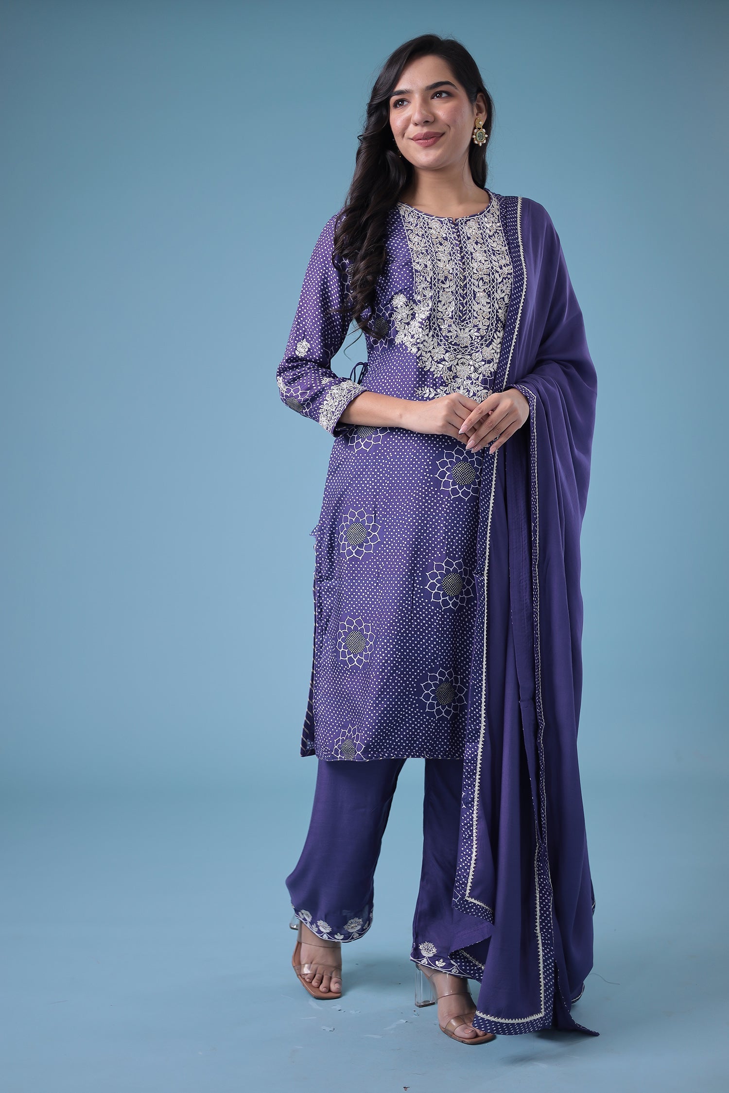 Embroidered Bandhej Satin Silk Suit with Gota Patti work.