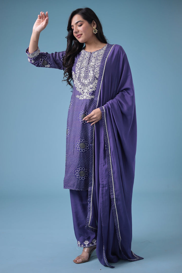 Embroidered Bandhej Satin Silk Suit with Gota Patti work.