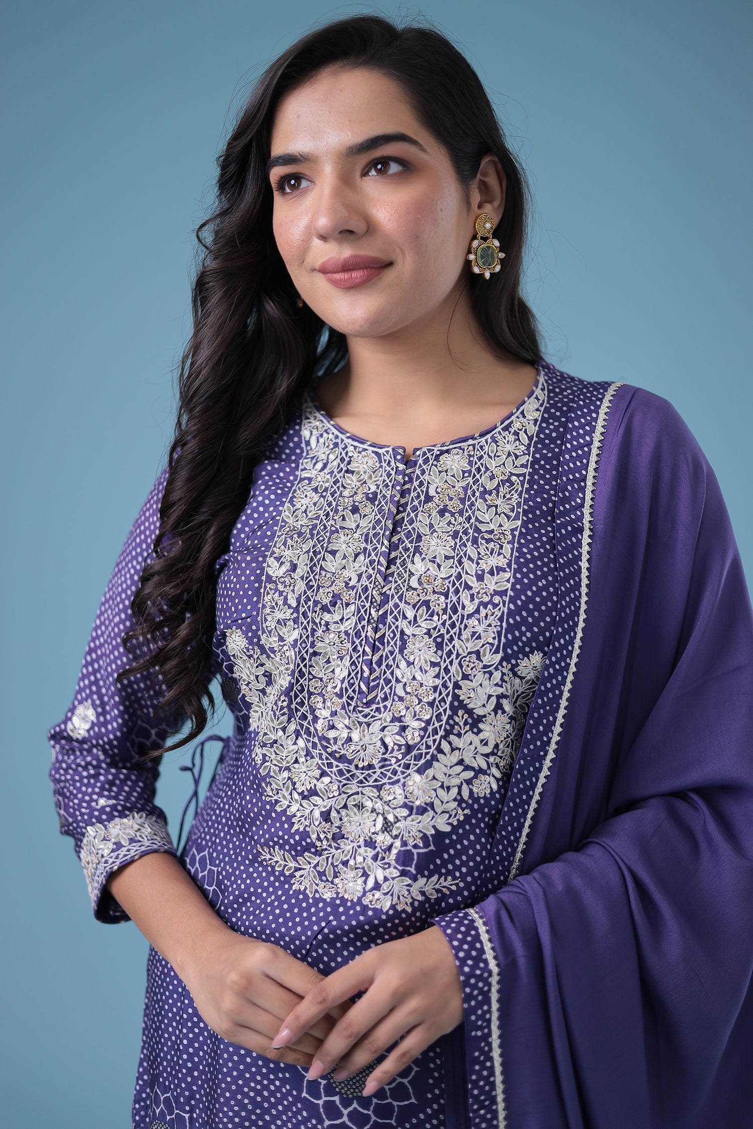 Embroidered Bandhej Satin Silk Suit with Gota Patti work.