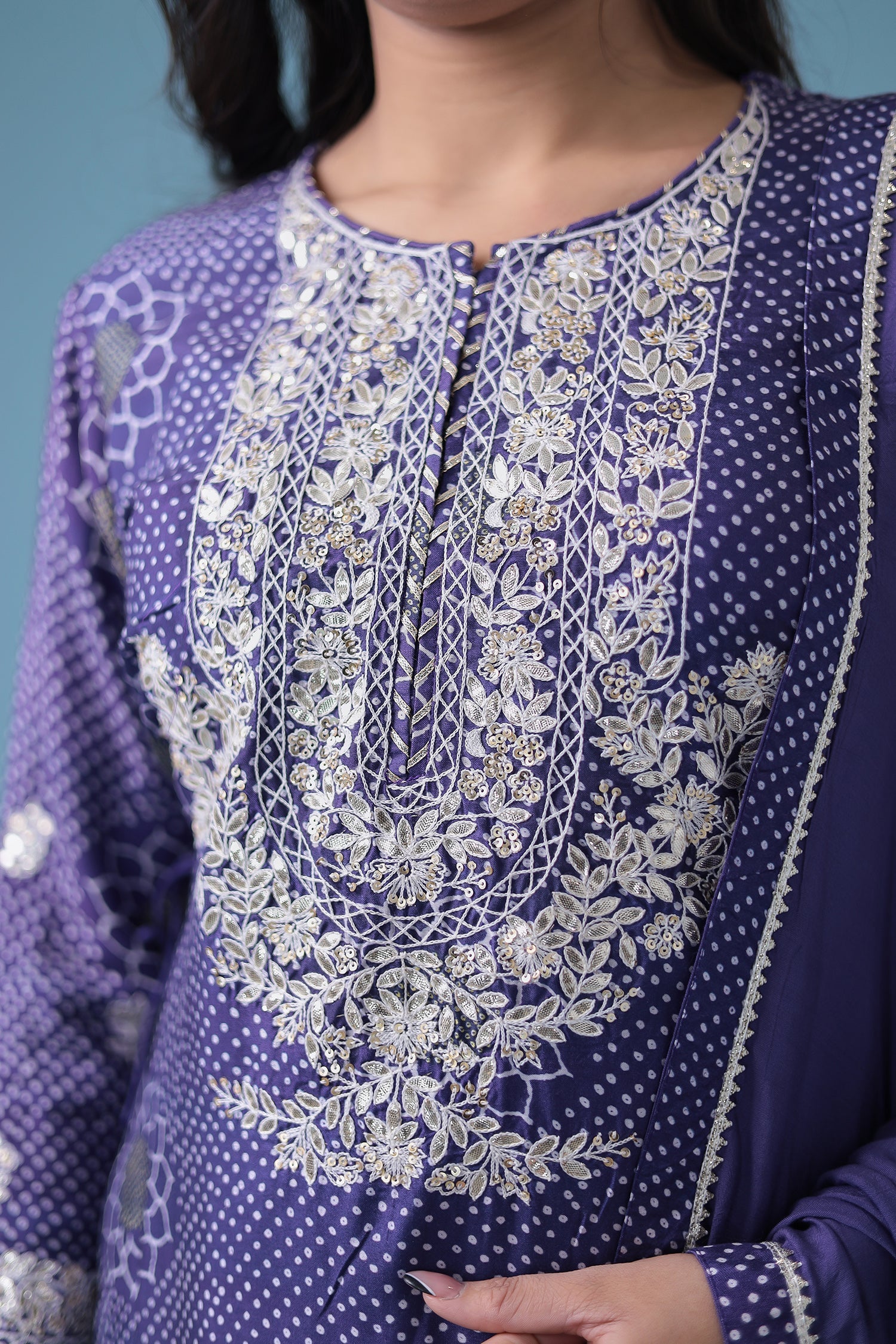 Embroidered Bandhej Satin Silk Suit with Gota Patti work.