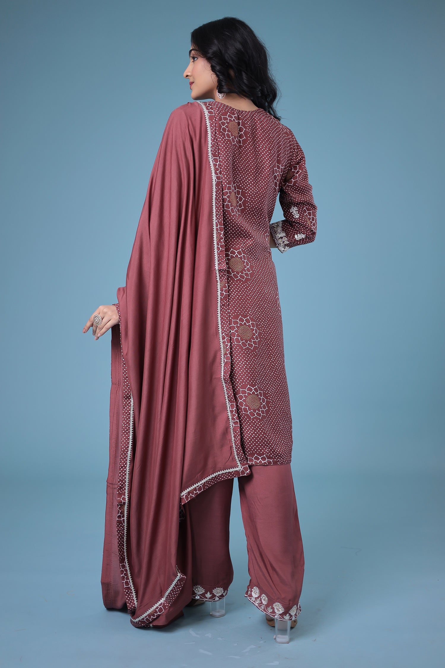 Embroidered Bandhej Satin Silk Suit with Gota Patti work.