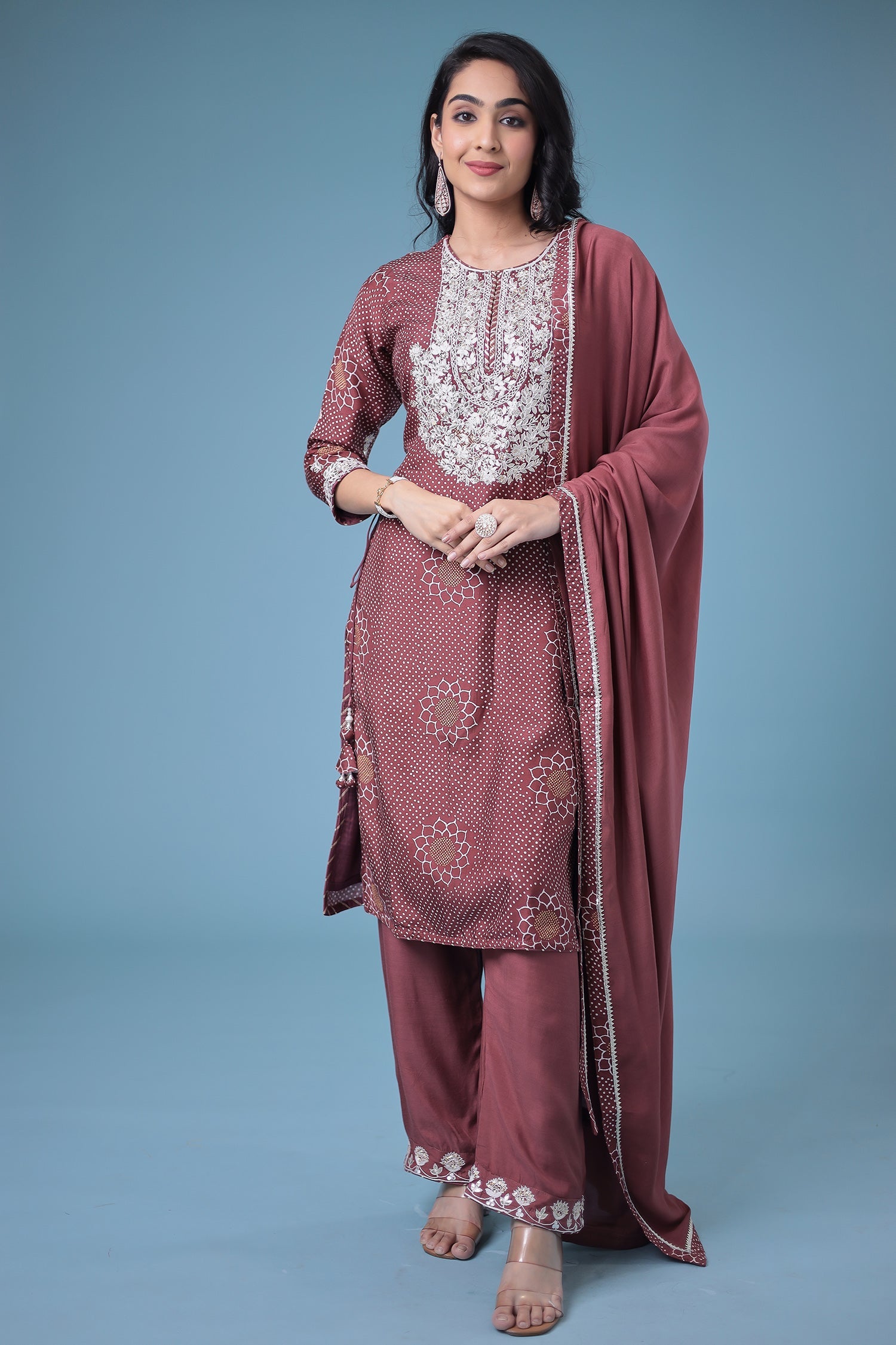 Embroidered Bandhej Satin Silk Suit with Gota Patti work.