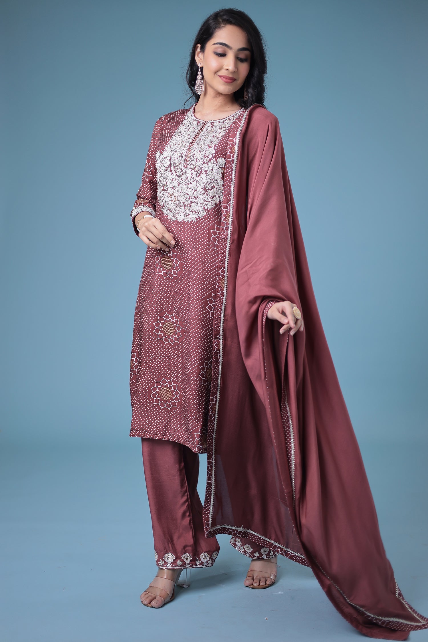 Embroidered Bandhej Satin Silk Suit with Gota Patti work.