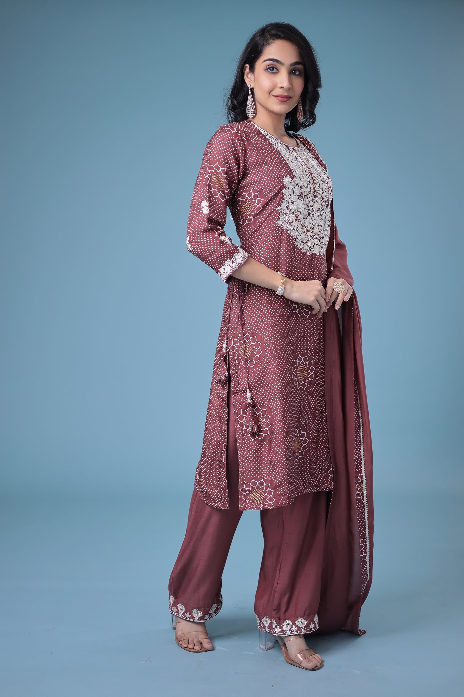 Embroidered Bandhej Satin Silk Suit with Gota Patti work.