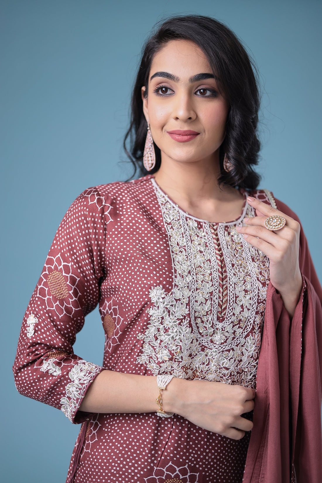 Embroidered Bandhej Satin Silk Suit with Gota Patti work.