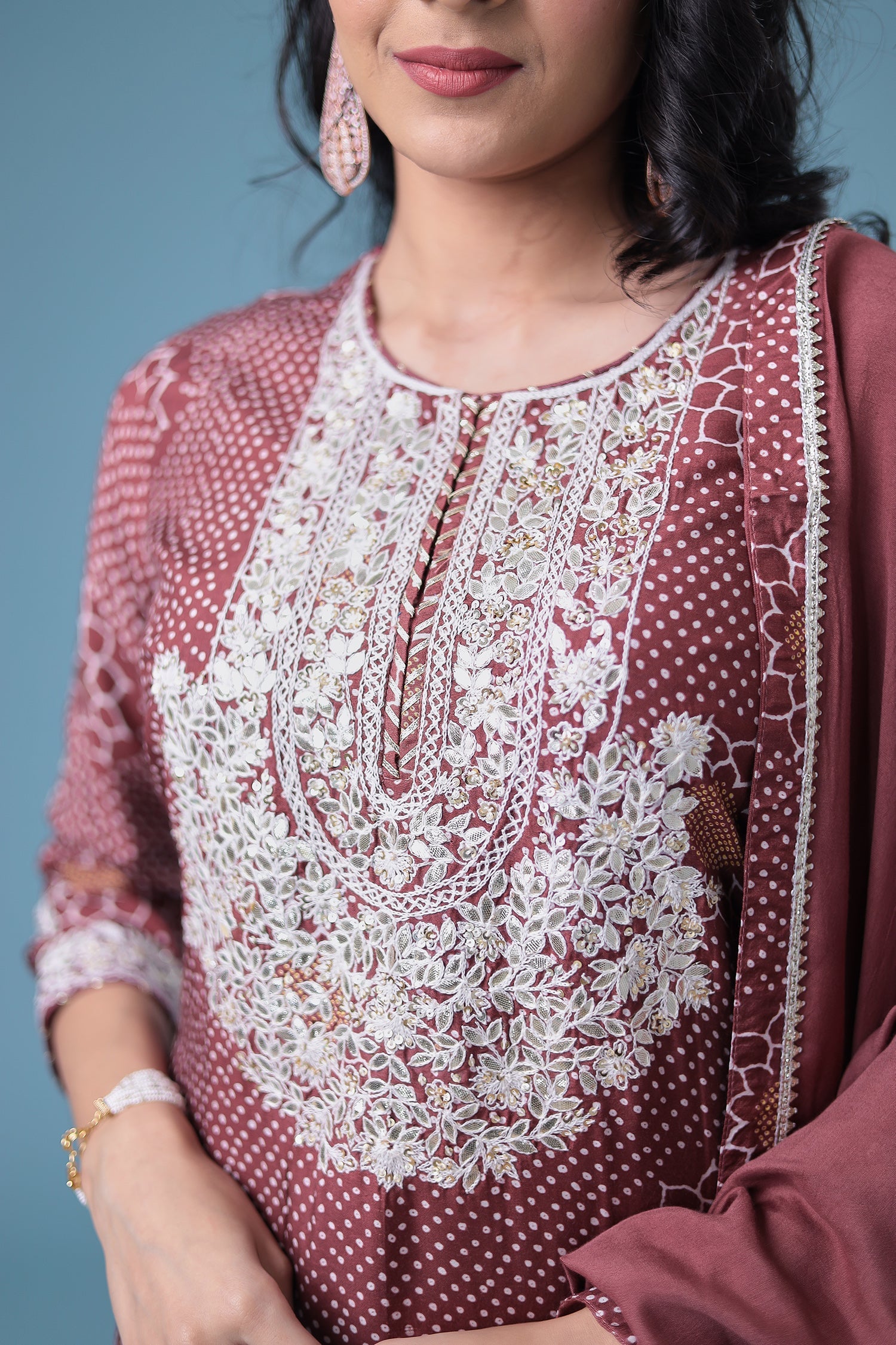 Embroidered Bandhej Satin Silk Suit with Gota Patti work.