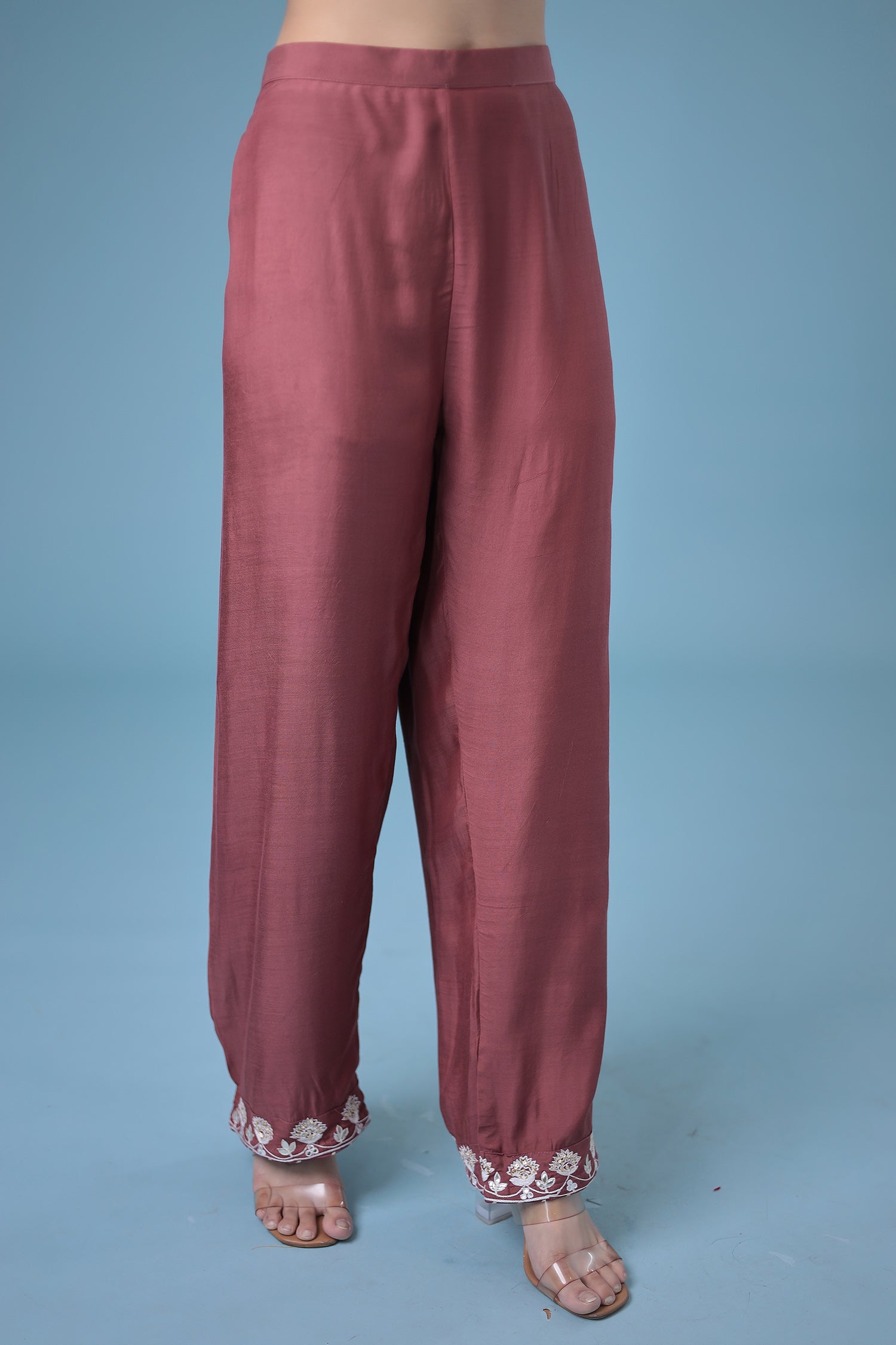 Embroidered Bandhej Satin Silk Suit with Gota Patti work.