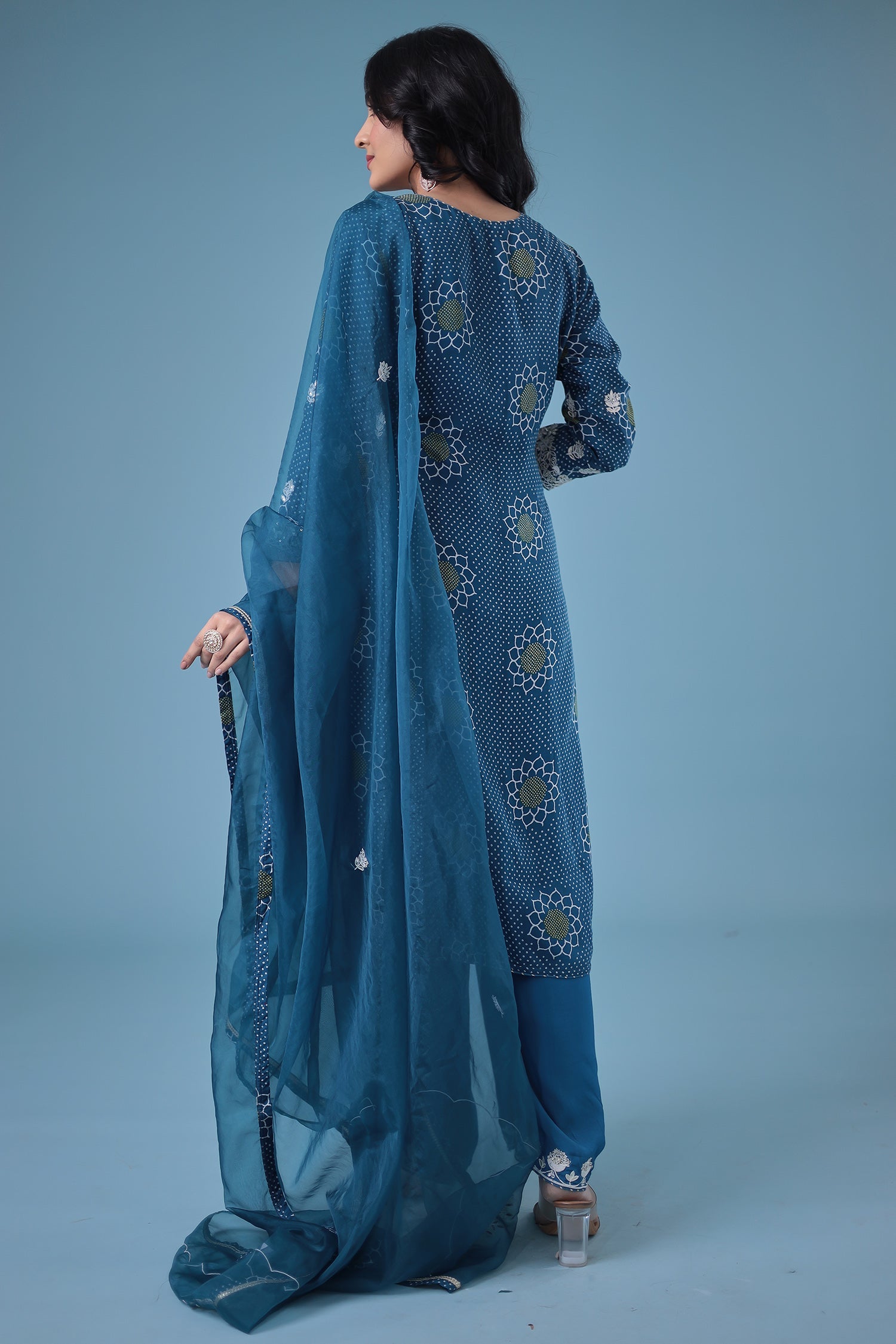 Embroidered Bandhej Satin Silk Suit with Gota Patti work.