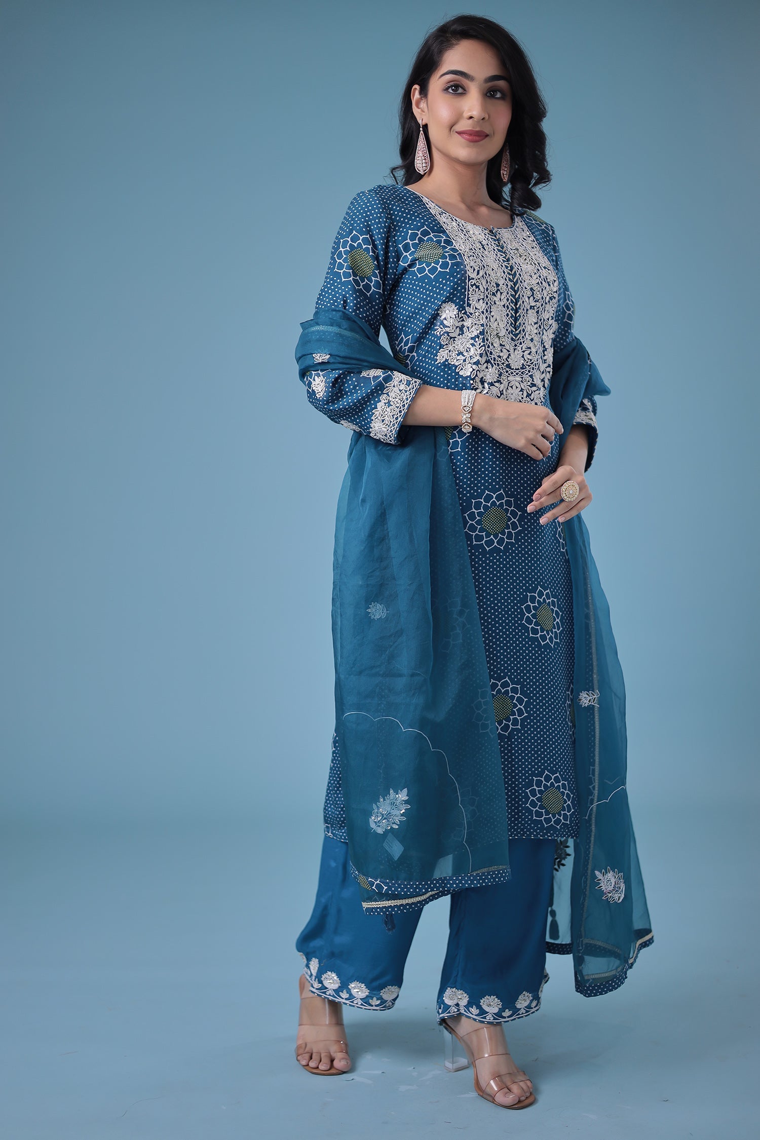 Embroidered Bandhej Satin Silk Suit with Gota Patti work.