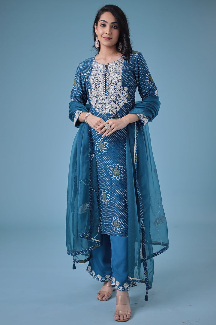 Embroidered Bandhej Satin Silk Suit with Gota Patti work.
