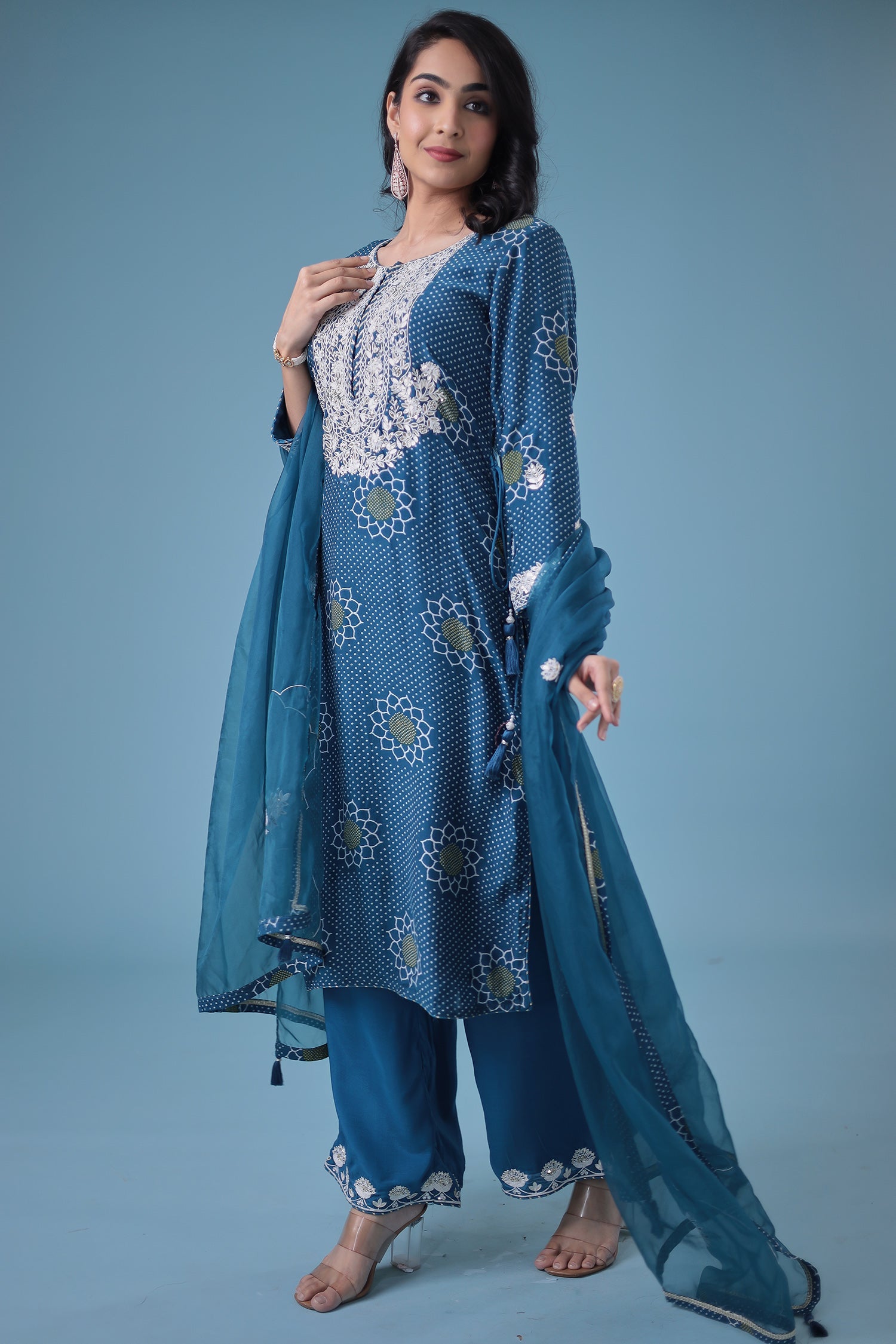 Embroidered Bandhej Satin Silk Suit with Gota Patti work.