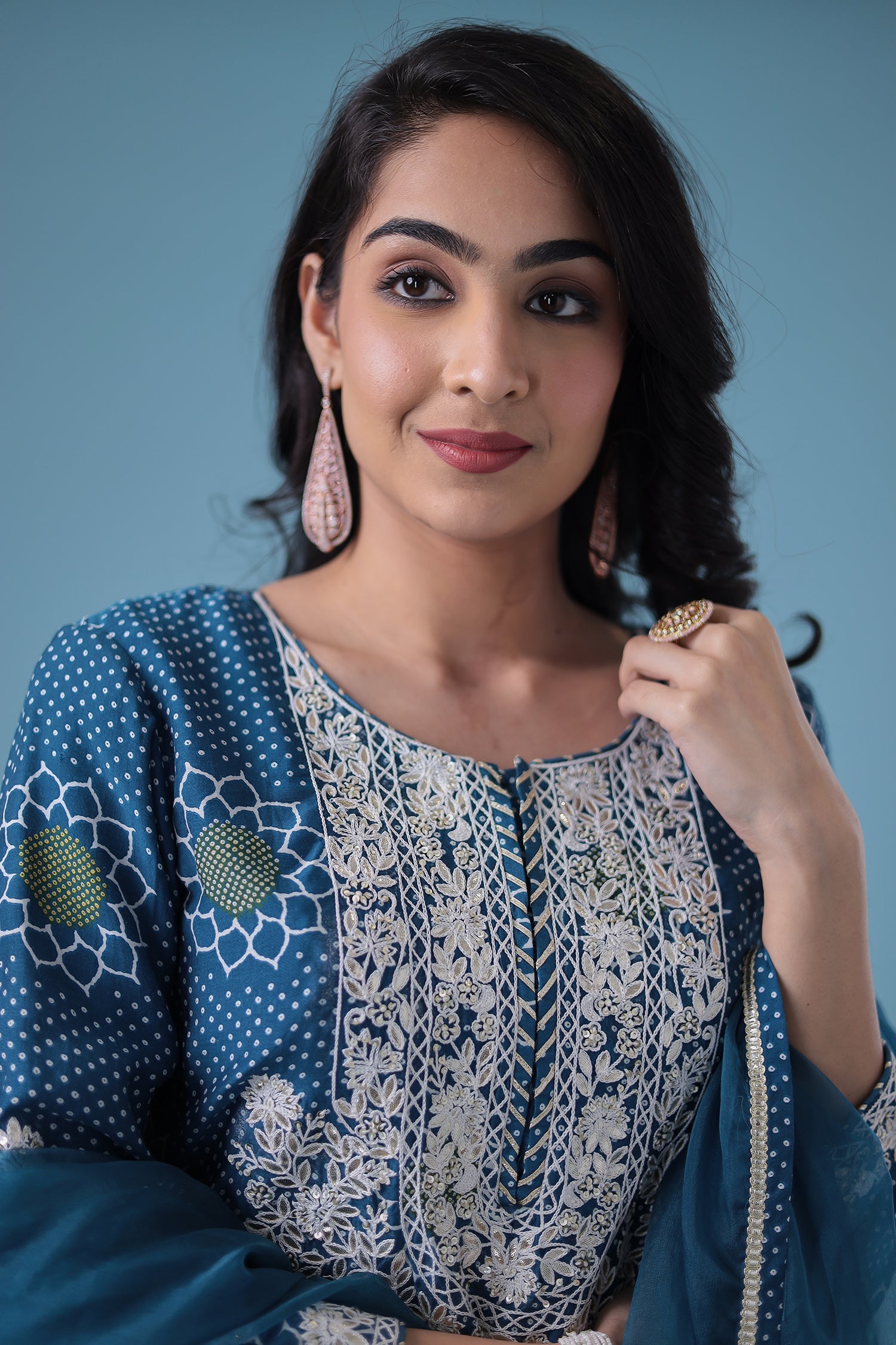 Embroidered Bandhej Satin Silk Suit with Gota Patti work.