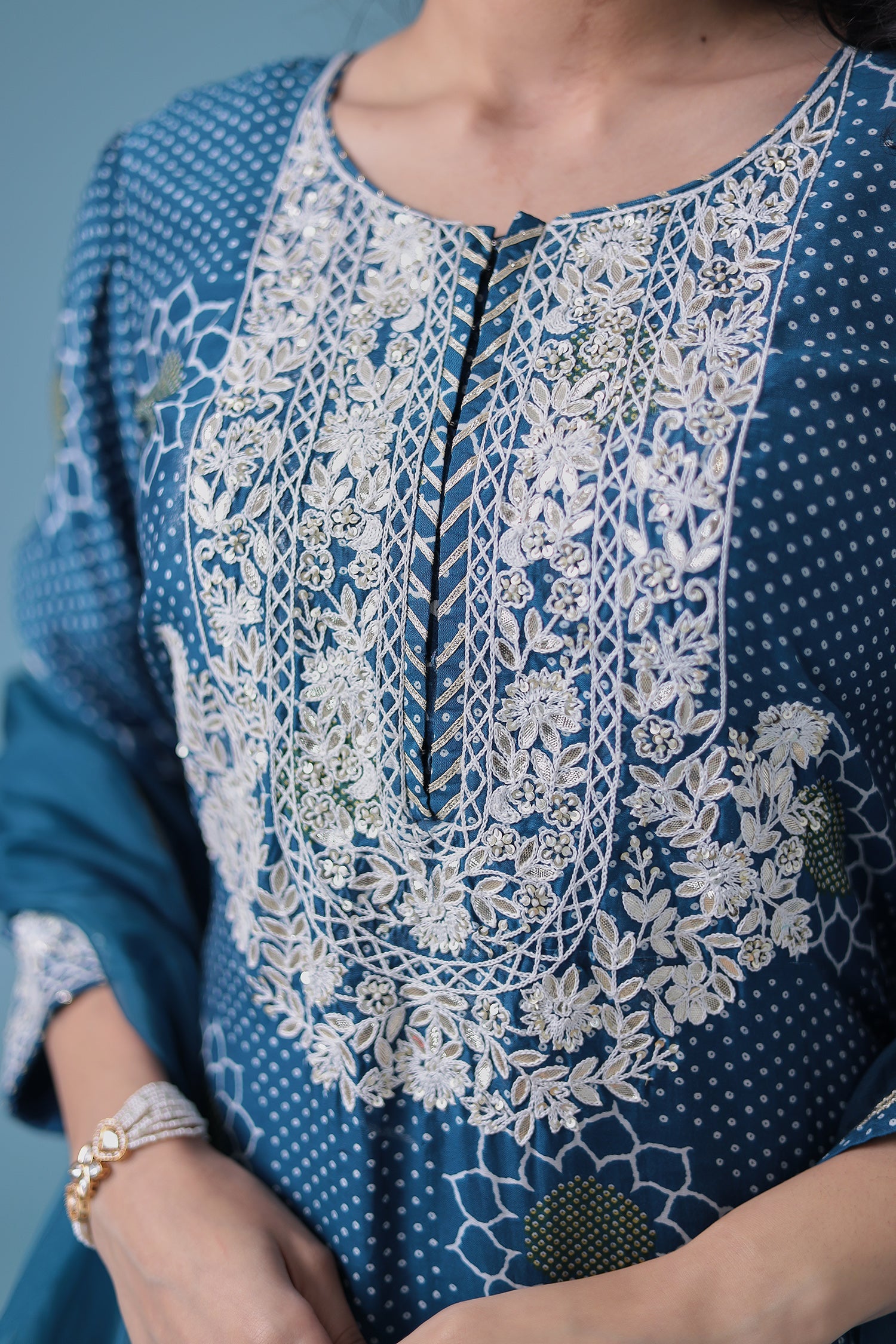 Embroidered Bandhej Satin Silk Suit with Gota Patti work.