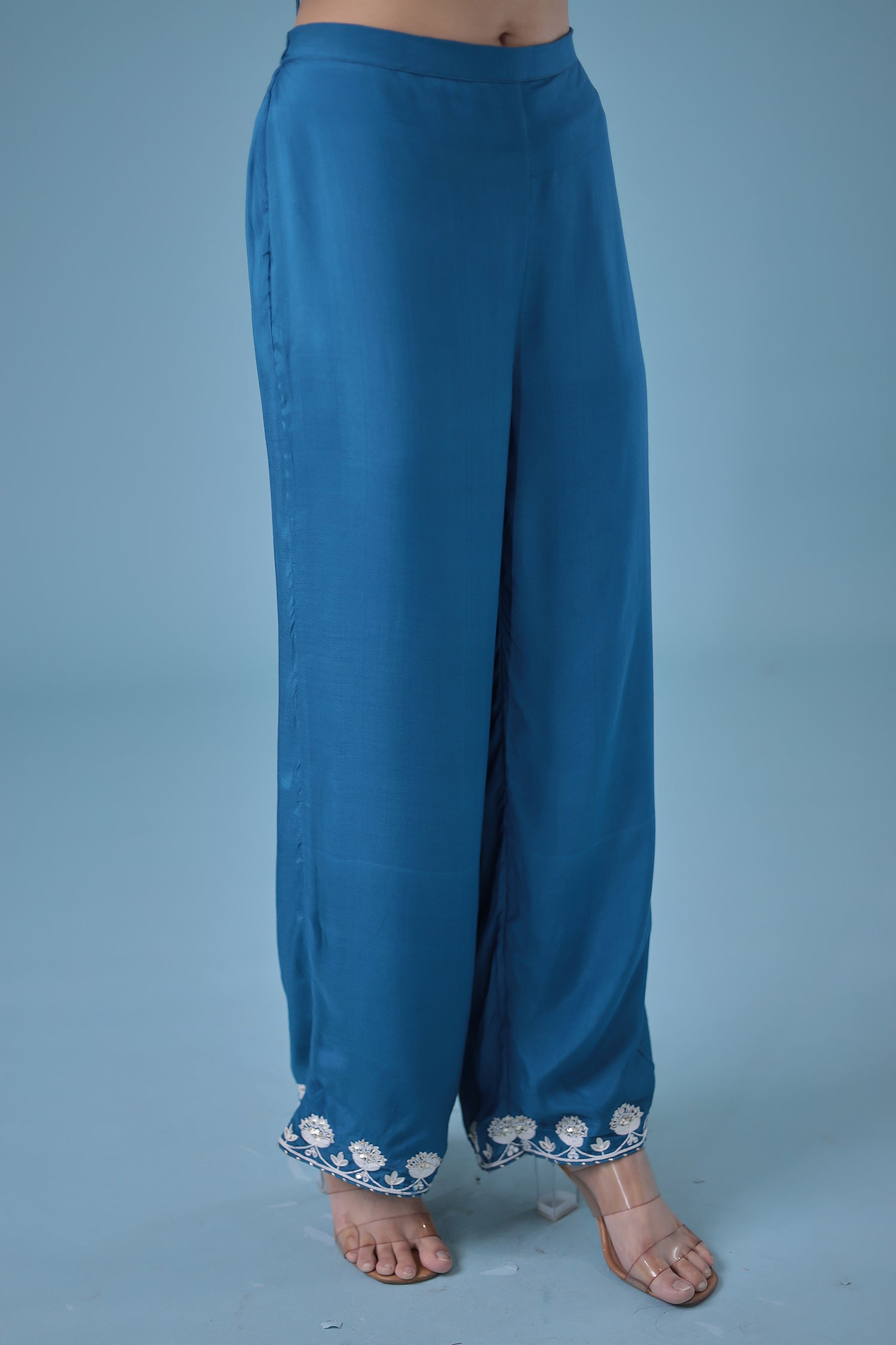 Embroidered Bandhej Satin Silk Suit with Gota Patti work.