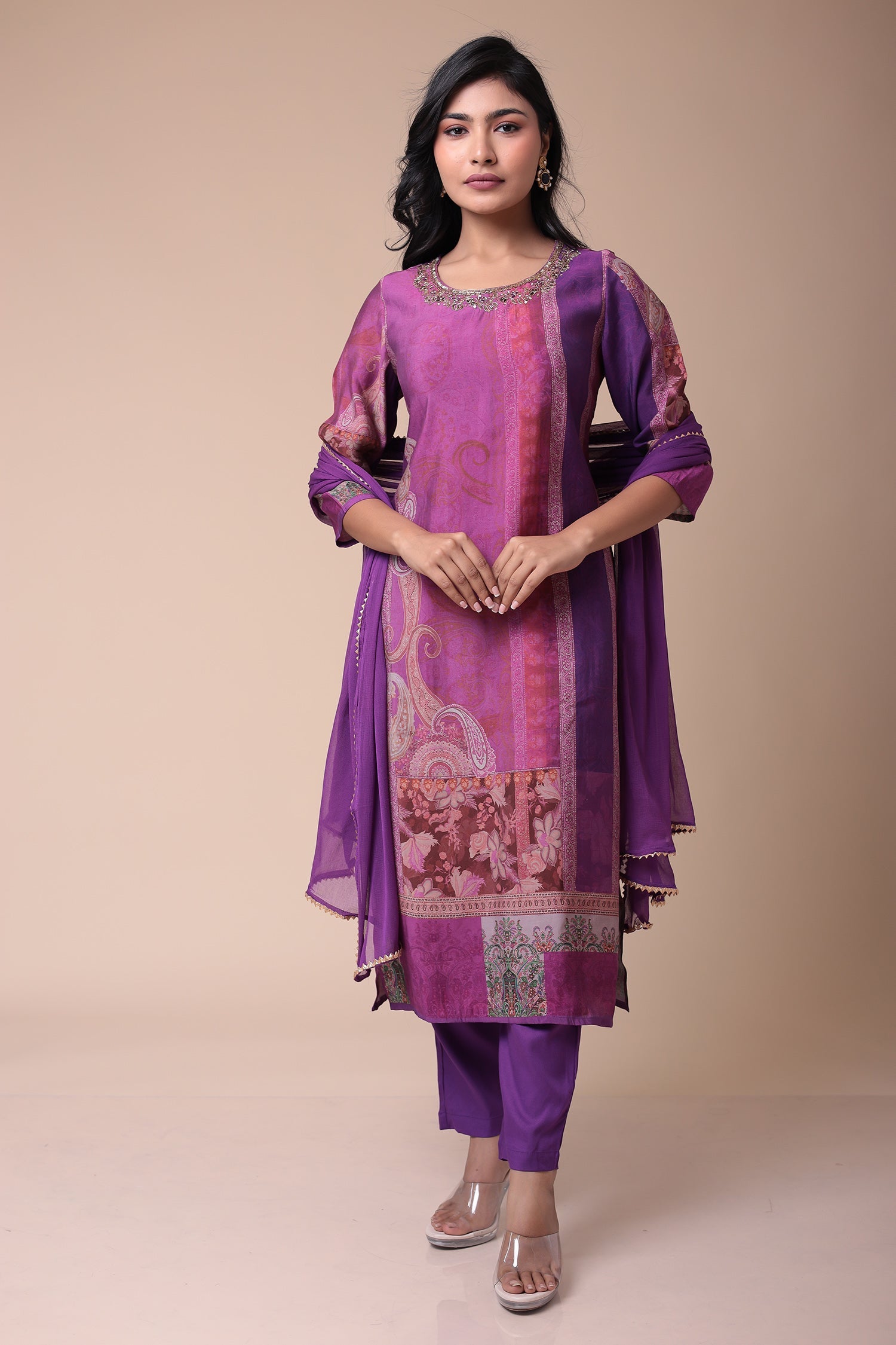 Embroidered Printed Muslin Kurta Set with Cutdana work