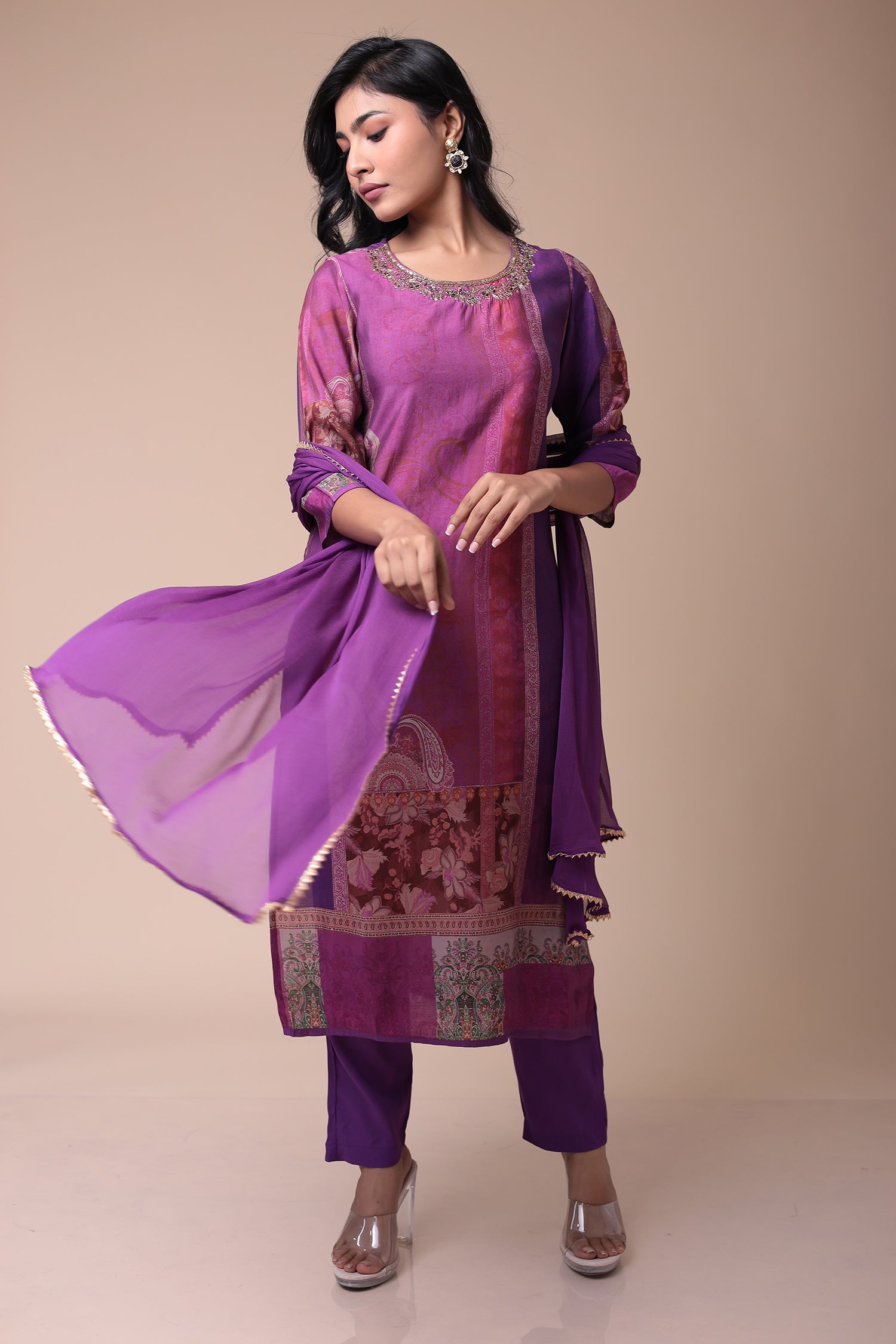 Embroidered Printed Muslin Kurta Set with Cutdana work
