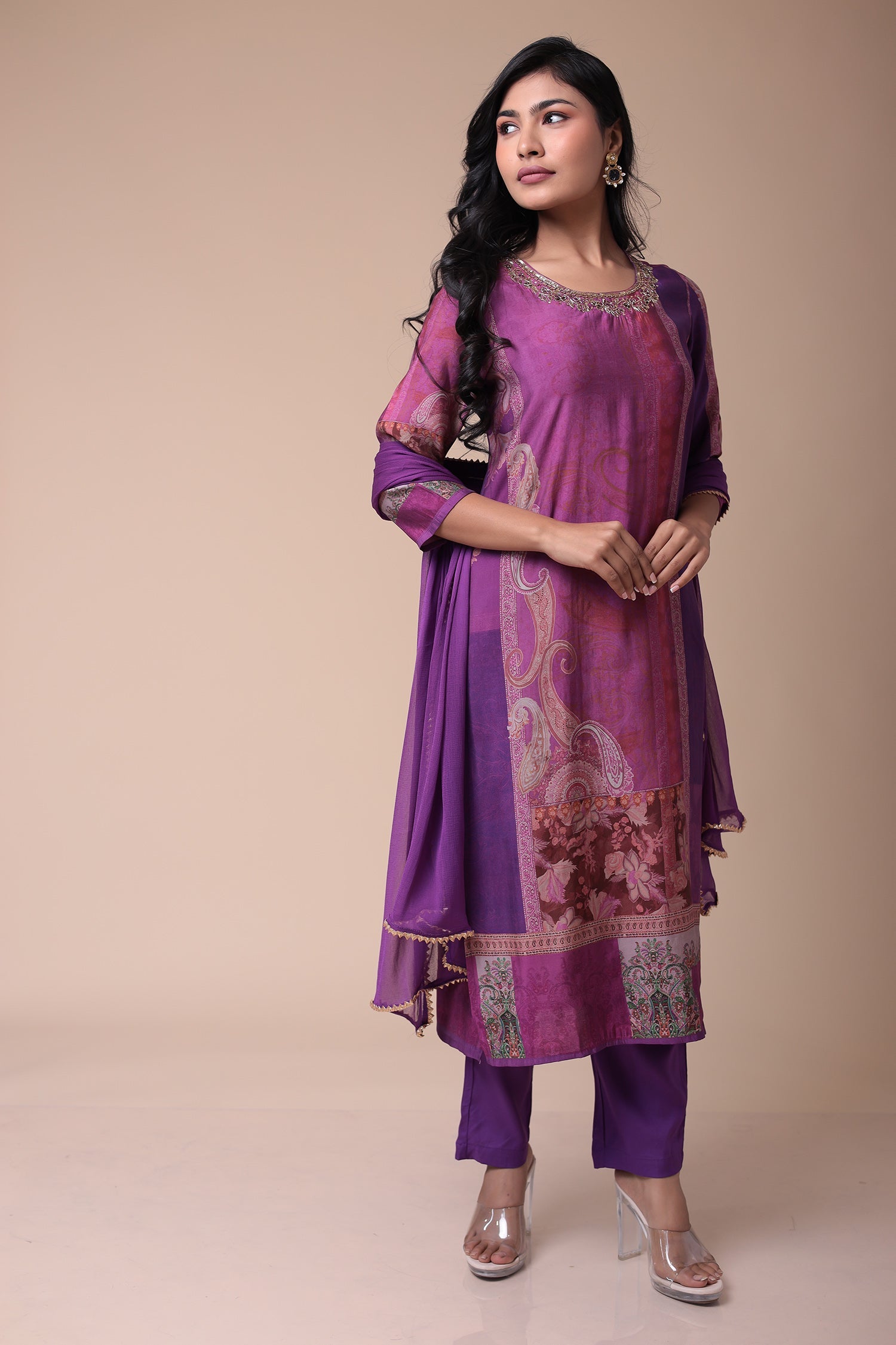 Embroidered Printed Muslin Kurta Set with Cutdana work
