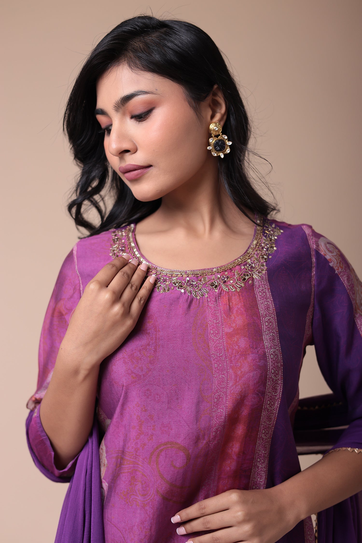 Embroidered Printed Muslin Kurta Set with Cutdana work