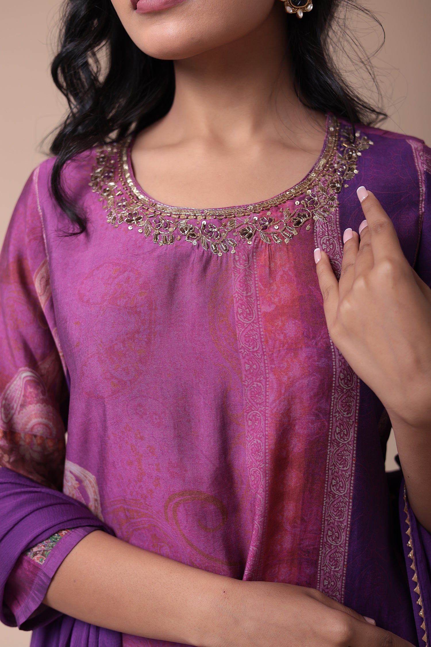 Embroidered Printed Muslin Kurta Set with Cutdana work