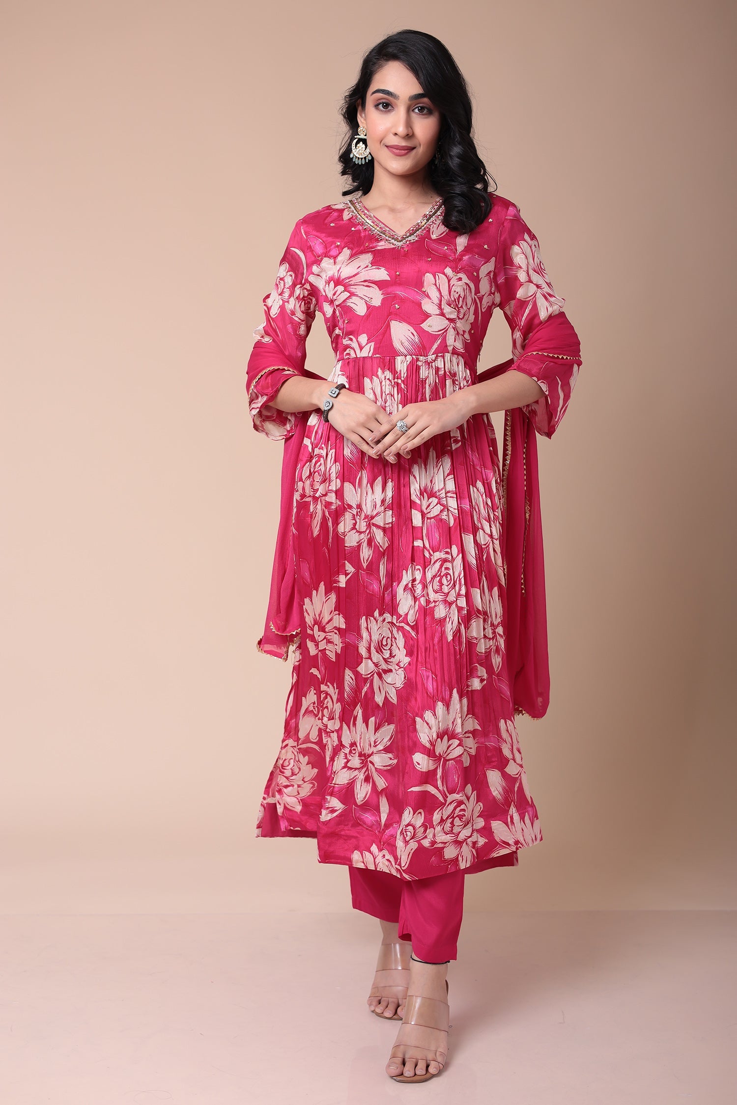 Printed Silk blend Kurta Set with Sequins work